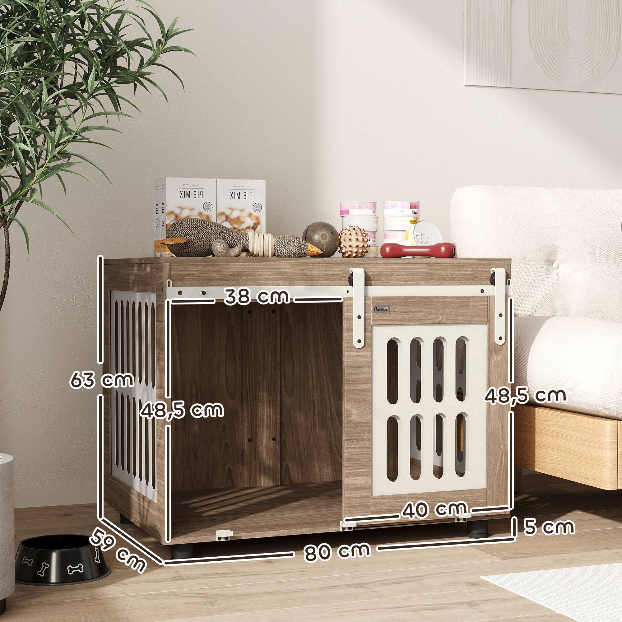 Sans Marque - Meuble cage pour chien avec porte coulissante, maison pour chien de moyenne, table d'appoint, 80 x 59 x 63 cm, noyer - Image 5