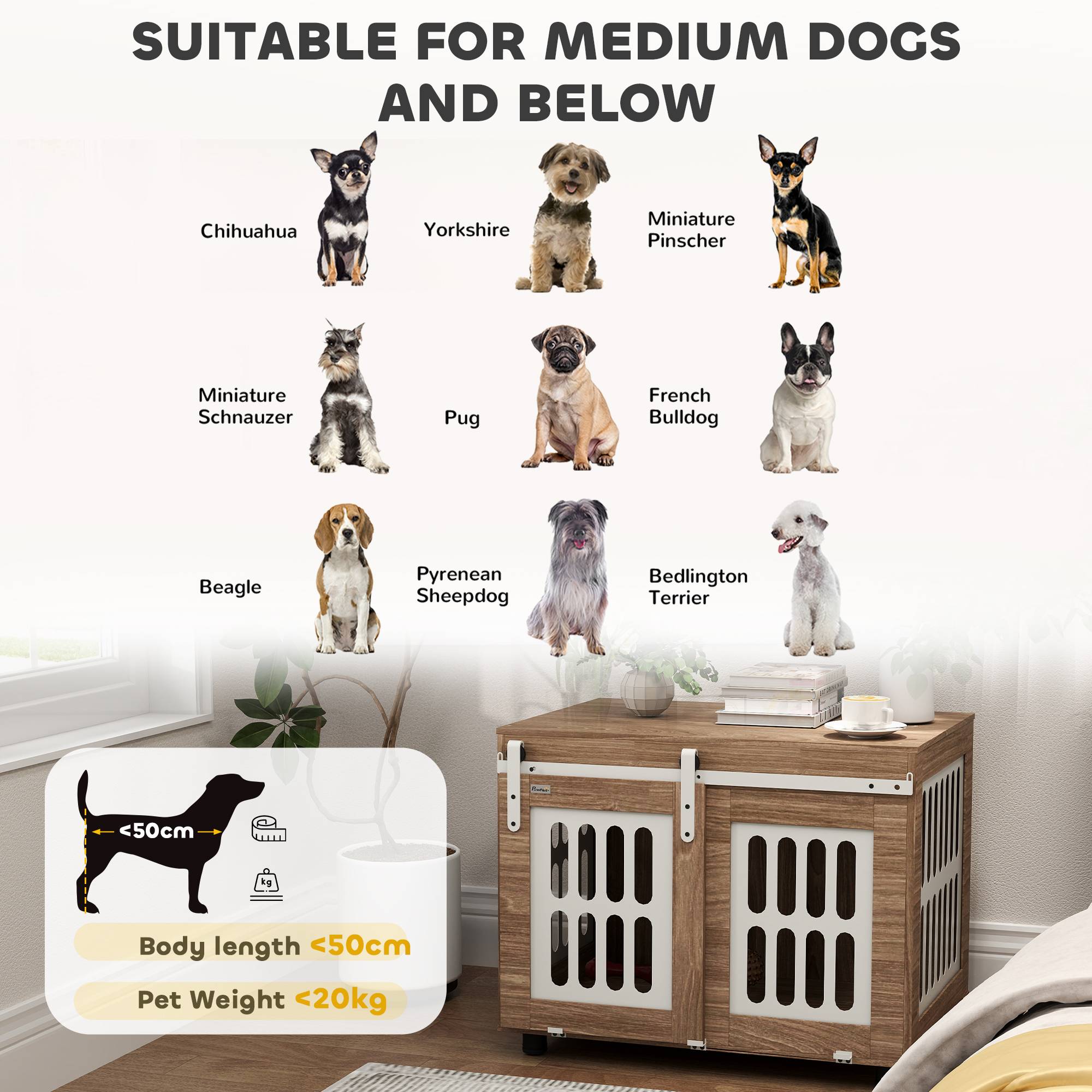 Sans Marque - Meuble cage pour chien avec porte coulissante, maison pour chien de moyenne, table d'appoint, 80 x 59 x 63 cm, noyer - Image 10