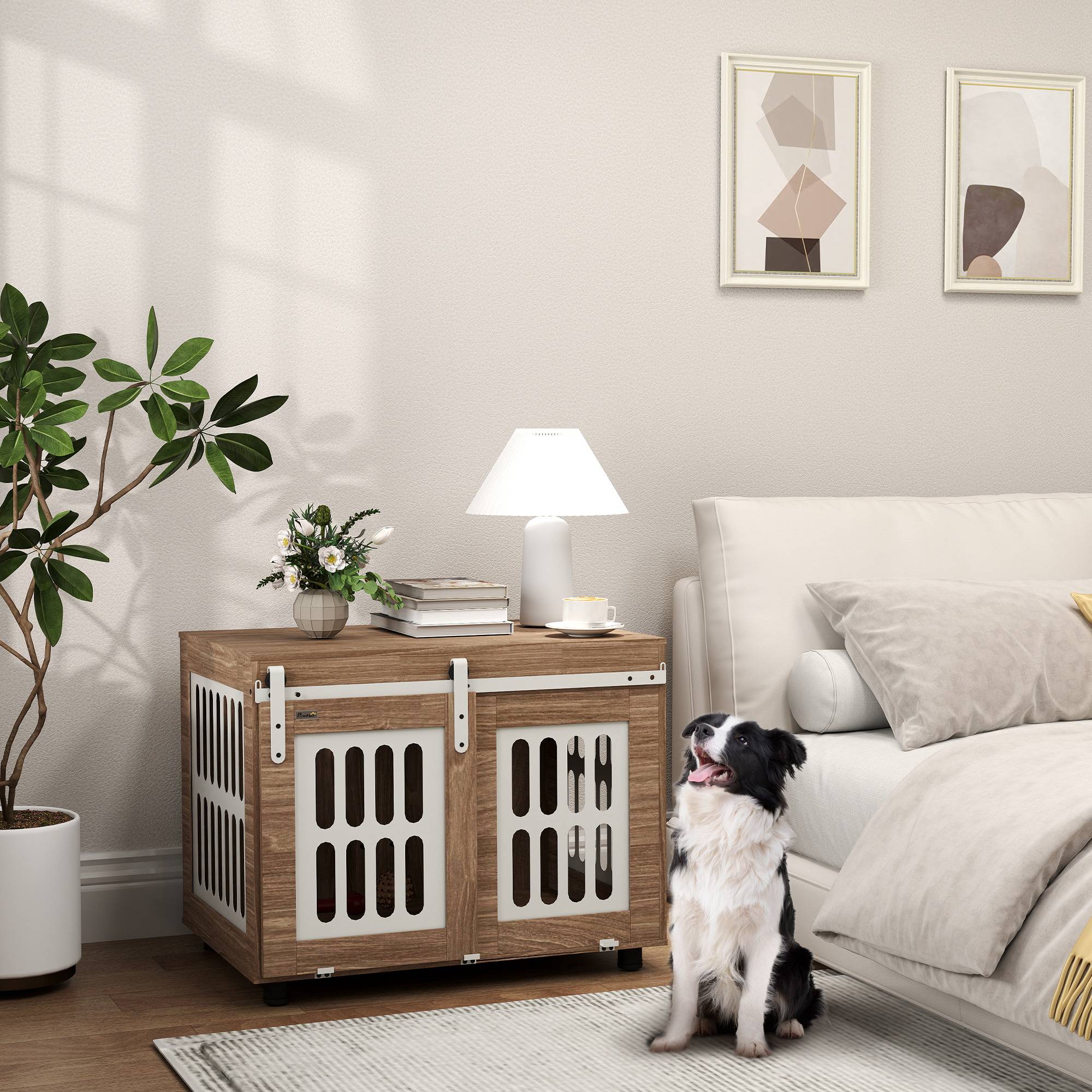 Sans Marque - Meuble cage pour chien avec porte coulissante, maison pour chien de moyenne, table d'appoint, 80 x 59 x 63 cm, noyer - Image 4