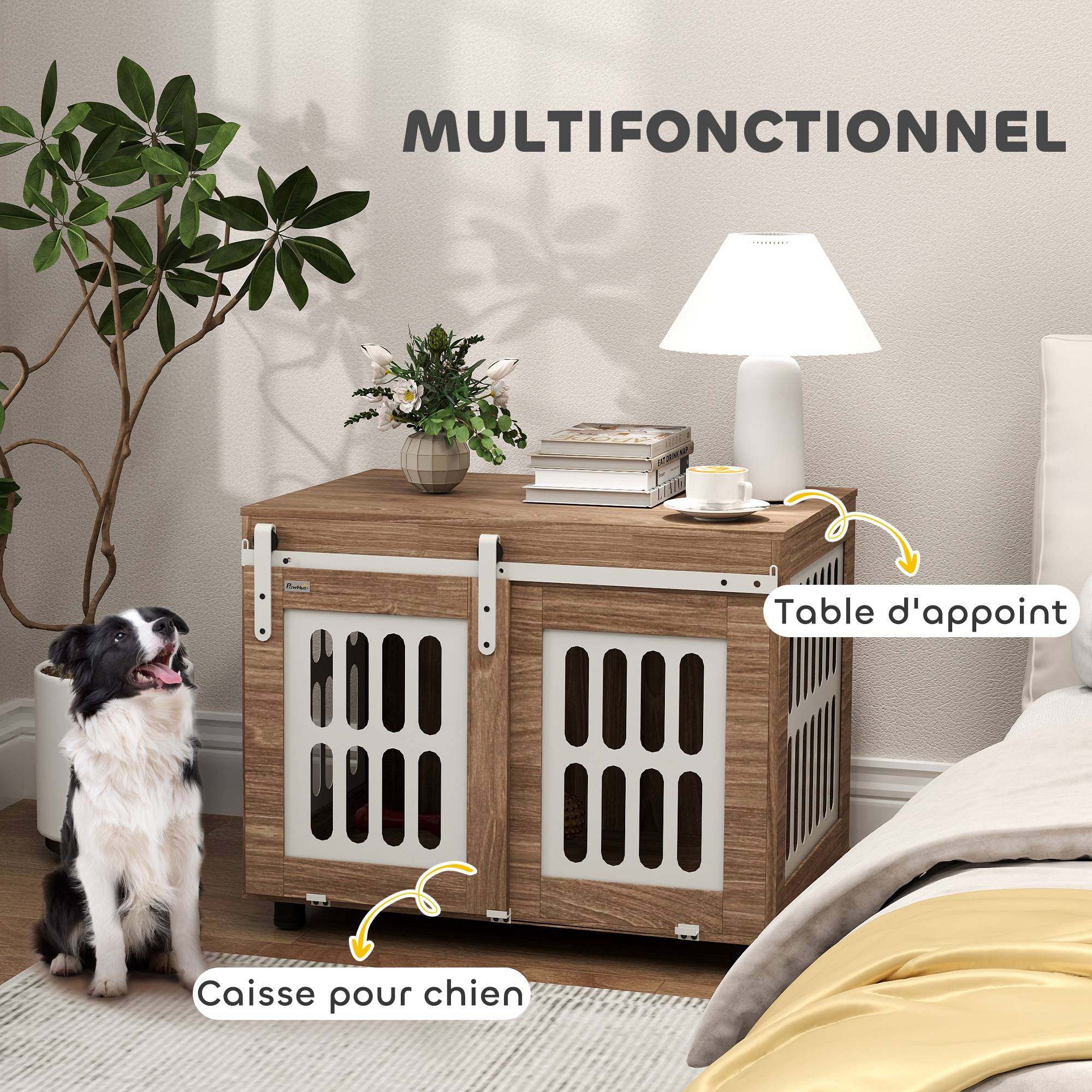 Sans Marque - Meuble cage pour chien avec porte coulissante, maison pour chien de moyenne, table d'appoint, 80 x 59 x 63 cm, noyer - Image 6