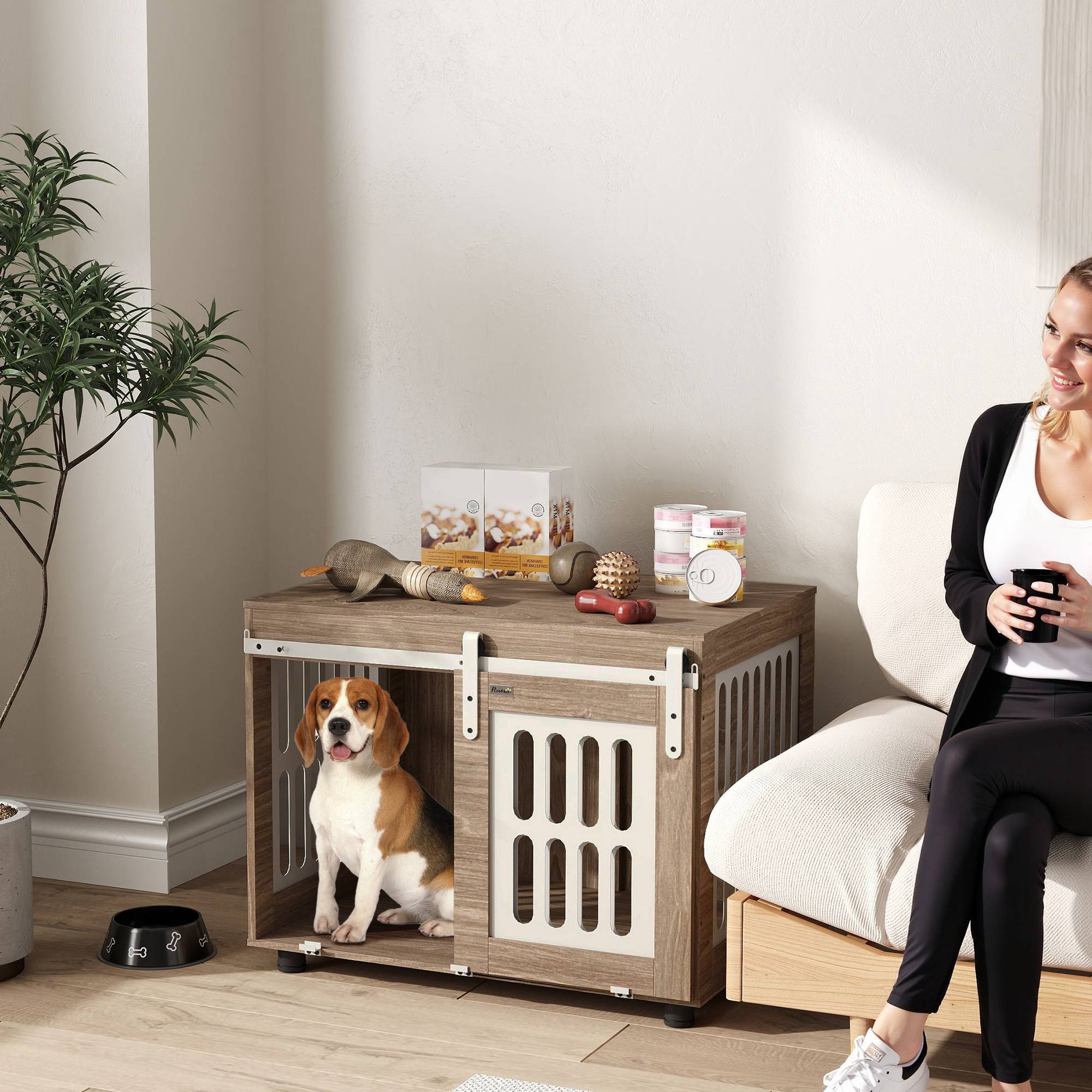 Sans Marque - Meuble cage pour chien avec porte coulissante, maison pour chien de moyenne, table d'appoint, 80 x 59 x 63 cm, noyer - Image 3