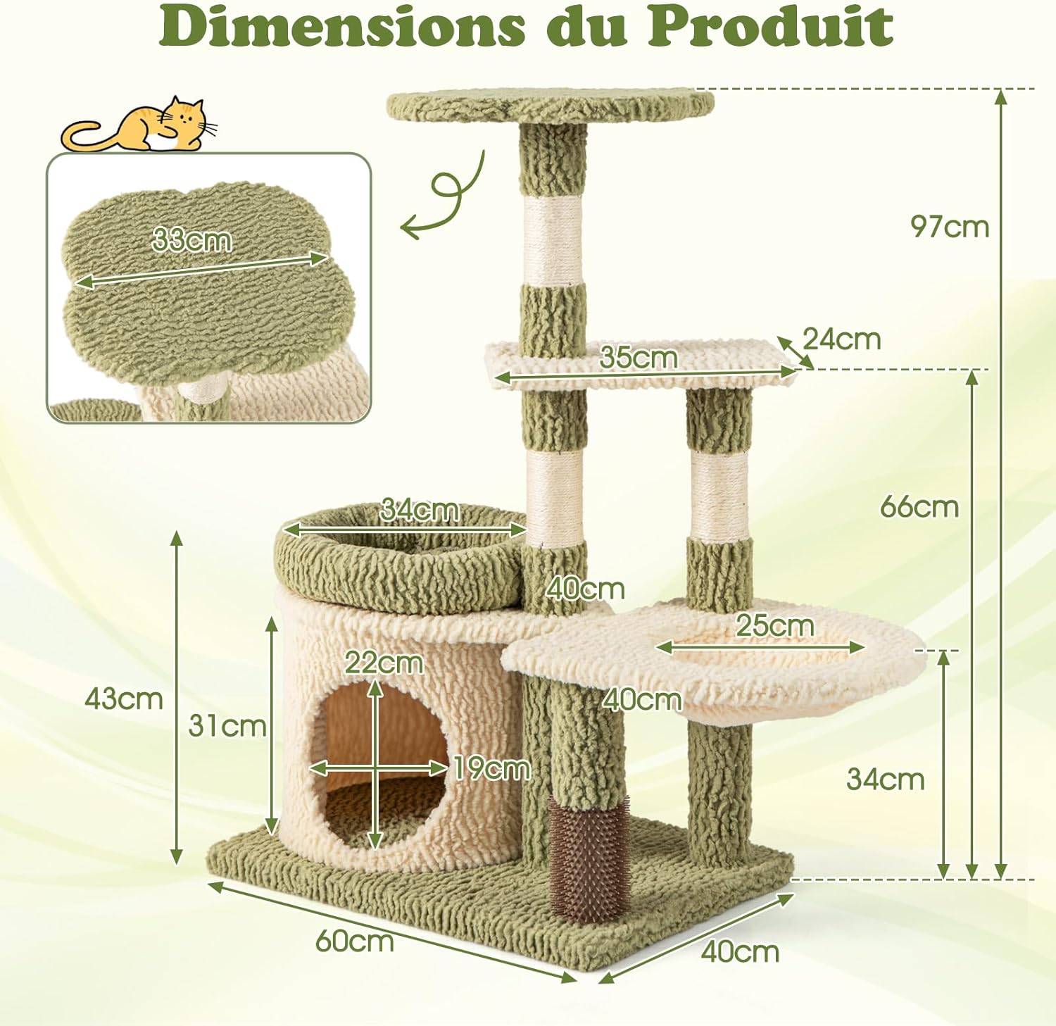 COSTWAY Arbre à Chat 97 cm, 3 Griffoirs pour Chat, Brosse d'Toilettage, Arbre a Chat Cactus et Bois, 3 Plateformes, Condo, Panier, 60 x 40 x 97 cm - Image 9