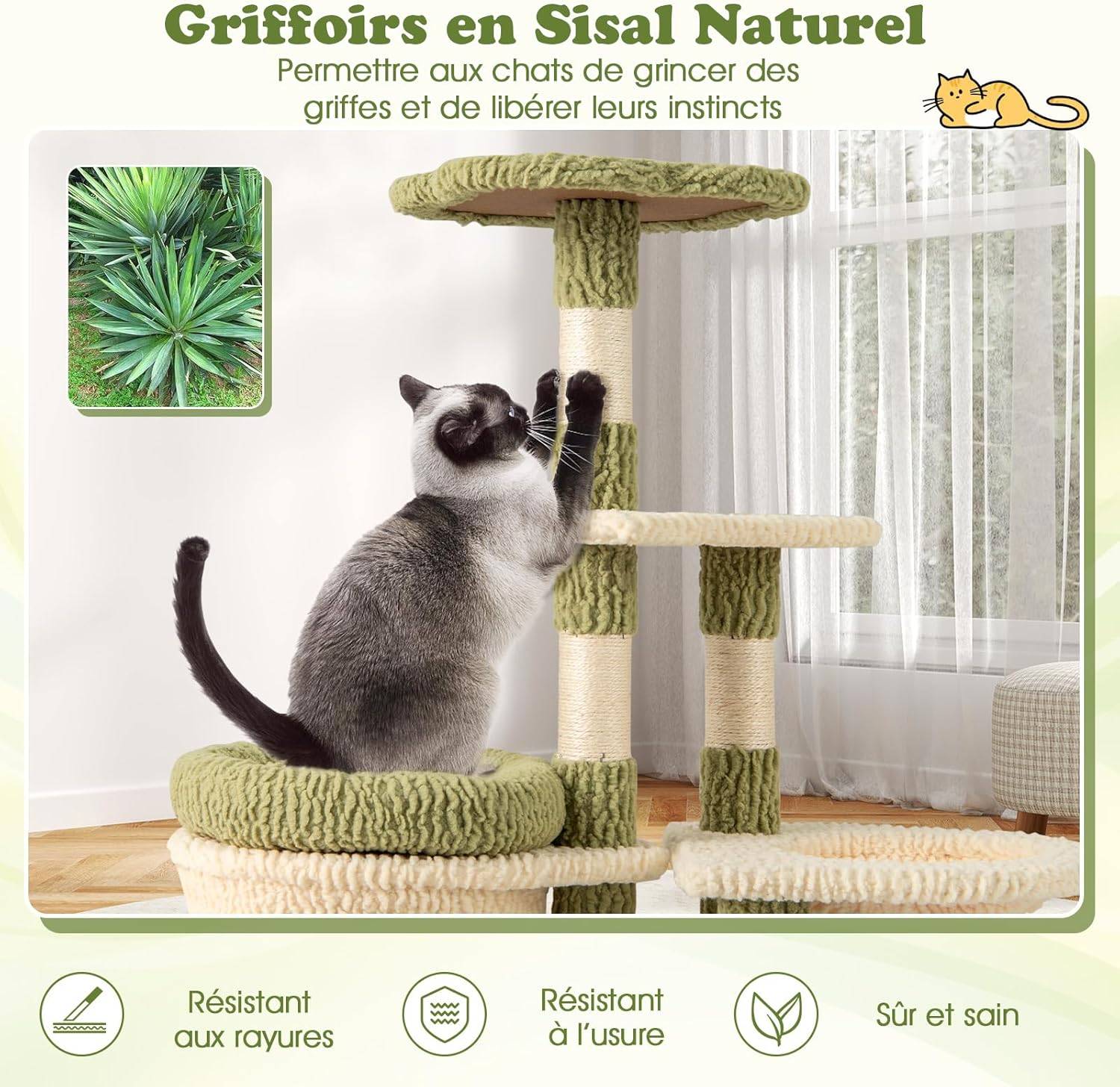 COSTWAY Arbre à Chat 97 cm, 3 Griffoirs pour Chat, Brosse d'Toilettage, Arbre a Chat Cactus et Bois, 3 Plateformes, Condo, Panier, 60 x 40 x 97 cm - Image 6