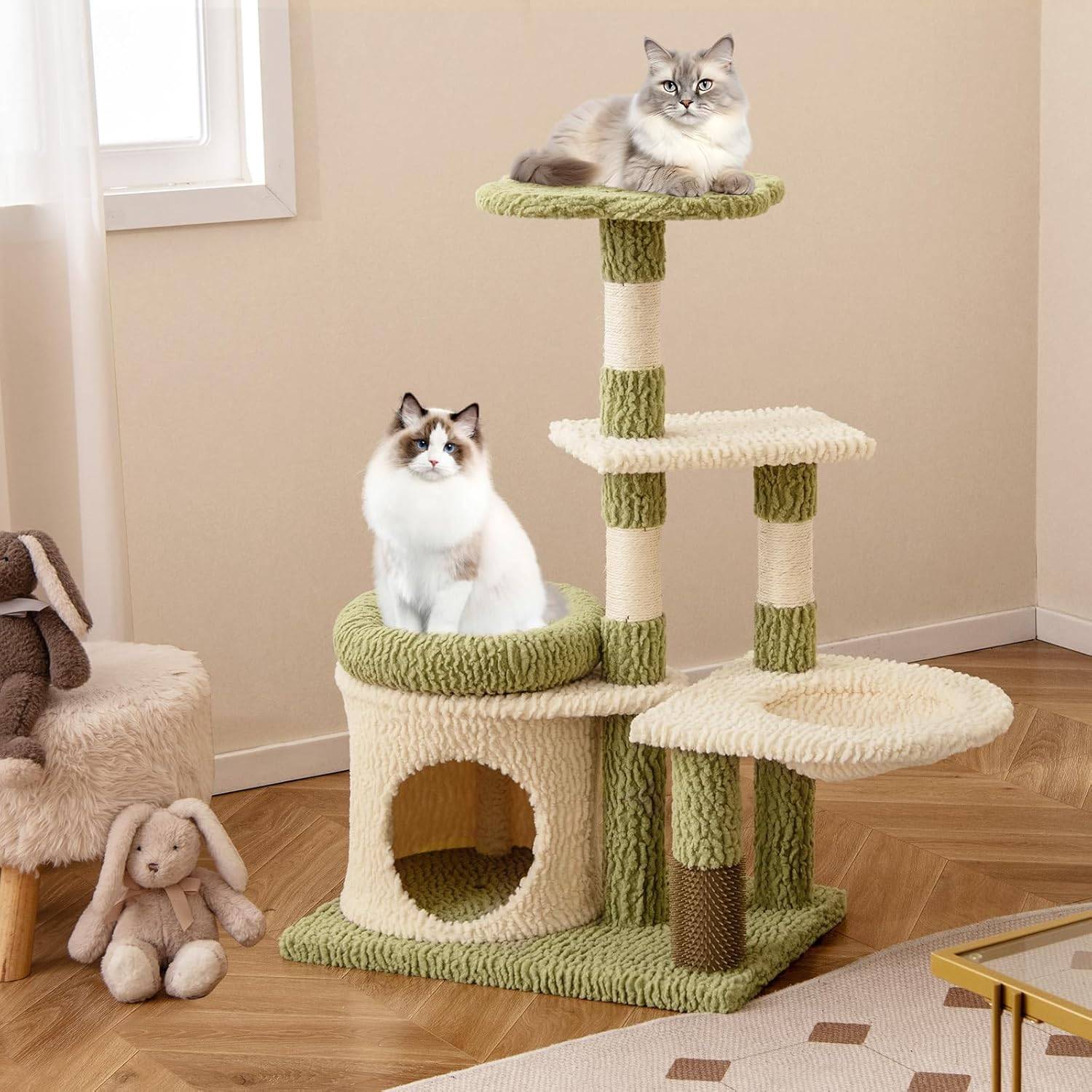 COSTWAY Arbre à Chat 97 cm, 3 Griffoirs pour Chat, Brosse d'Toilettage, Arbre a Chat Cactus et Bois, 3 Plateformes, Condo, Panier, 60 x 40 x 97 cm - Image 2