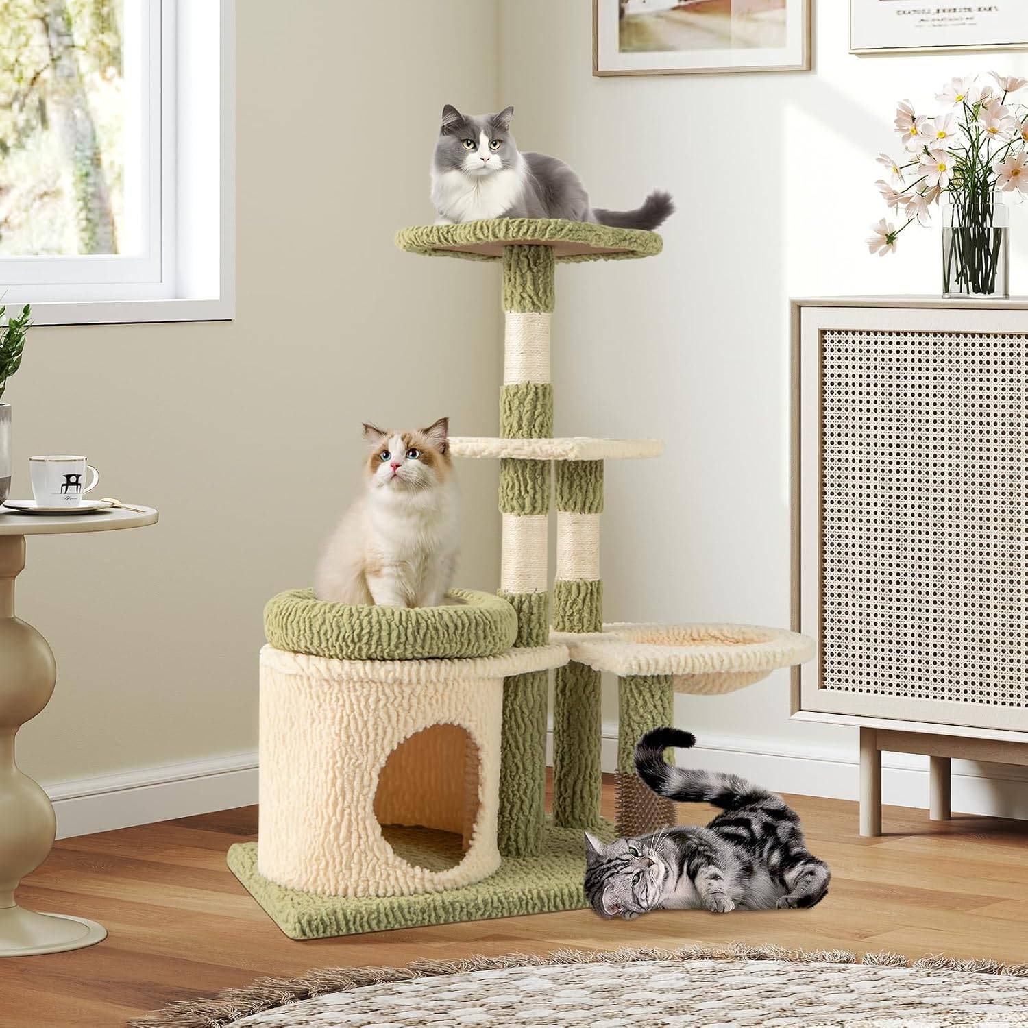 COSTWAY Arbre à Chat 97 cm, 3 Griffoirs pour Chat, Brosse d'Toilettage, Arbre a Chat Cactus et Bois, 3 Plateformes, Condo, Panier, 60 x 40 x 97 cm - Image 3