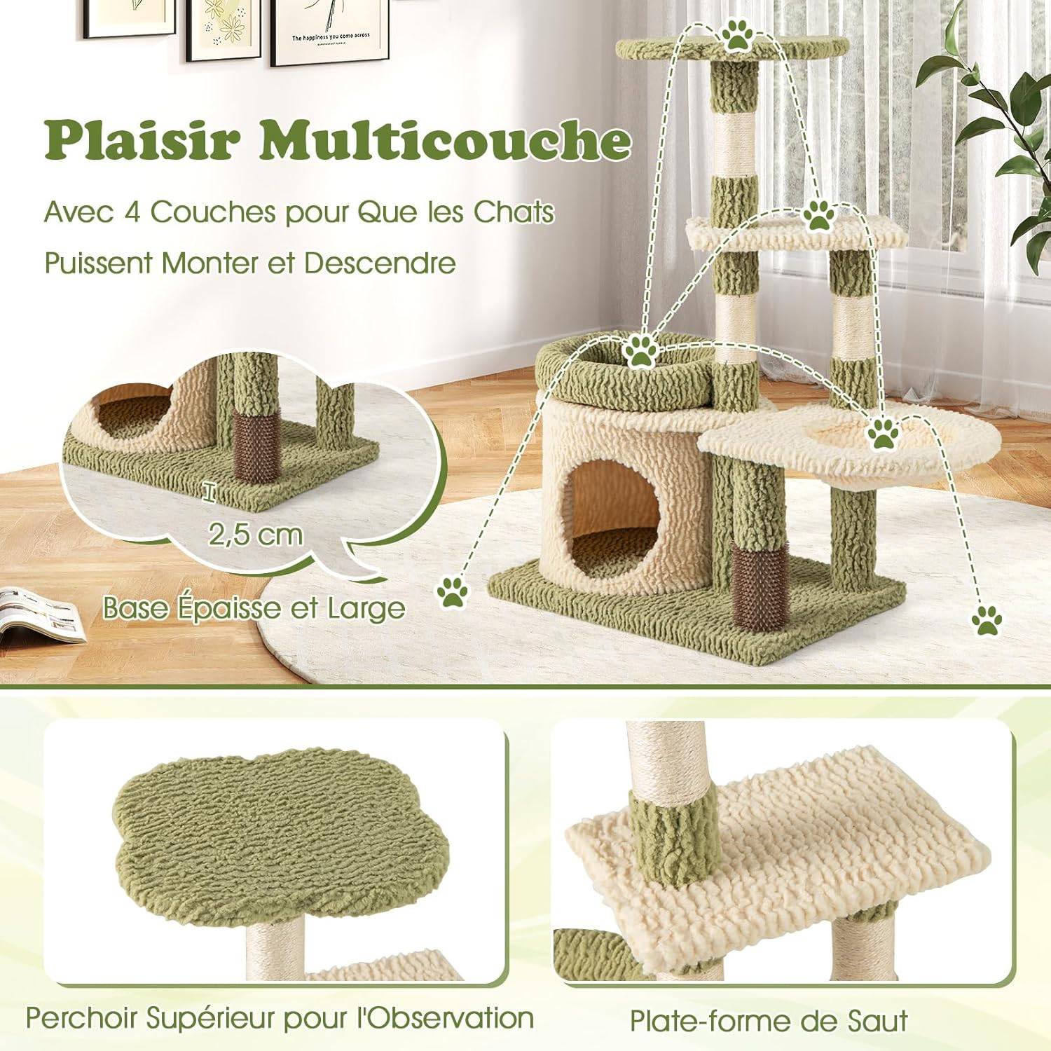 COSTWAY Arbre à Chat 97 cm, 3 Griffoirs pour Chat, Brosse d'Toilettage, Arbre a Chat Cactus et Bois, 3 Plateformes, Condo, Panier, 60 x 40 x 97 cm - Image 8