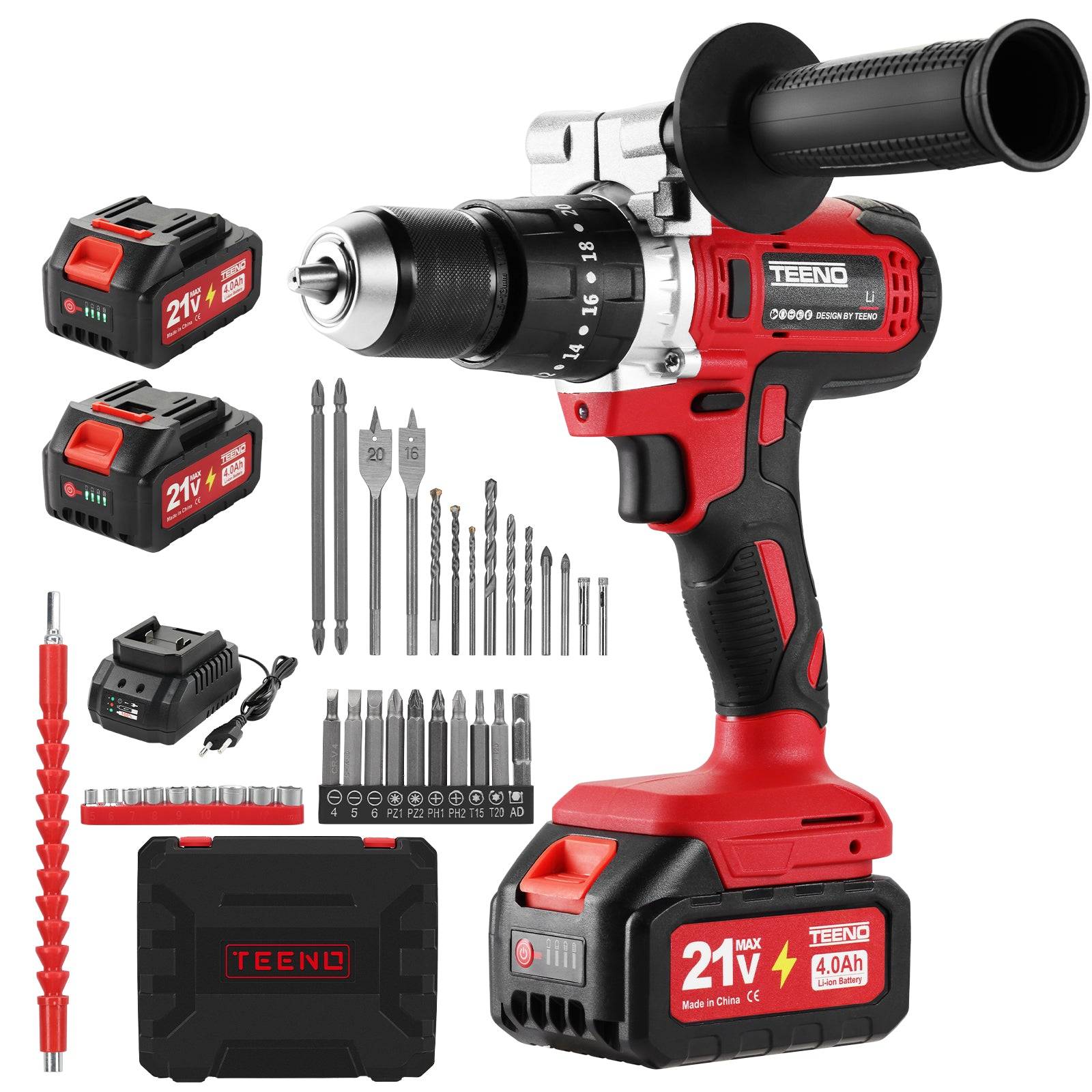 Teeno - 90Nm Perceuse Visseuse Sans Fil 21V Pour Batterie Makita 2 Batteries 4.0Ah,  39 Accessoires et Valise,20+3 RéGlages de Couple,13mm Mandrin,2