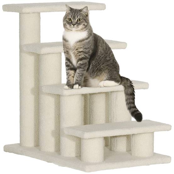 Escalier animaux 4 marches peluche aide montée chat chien blanc crème 60cm - ComfortXL Outdoor Living - Image 1