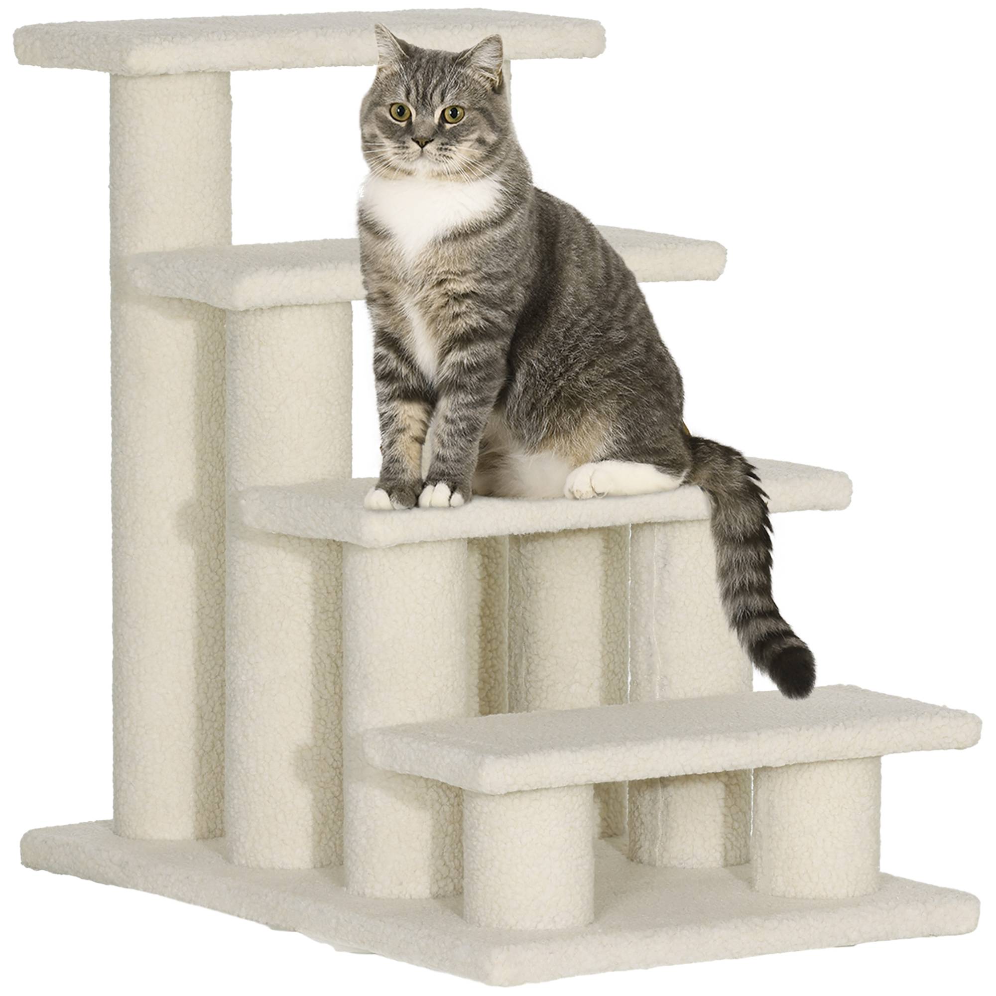 Escalier animaux 4 marches peluche aide montée chat chien blanc crème 60cm - ComfortXL Outdoor Living - Image 1