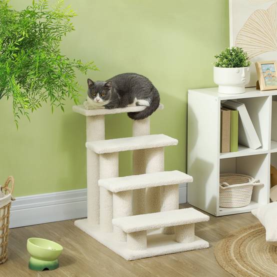 Escalier animaux 4 marches peluche aide montée chat chien blanc crème 60cm - ComfortXL Outdoor Living - Image 3