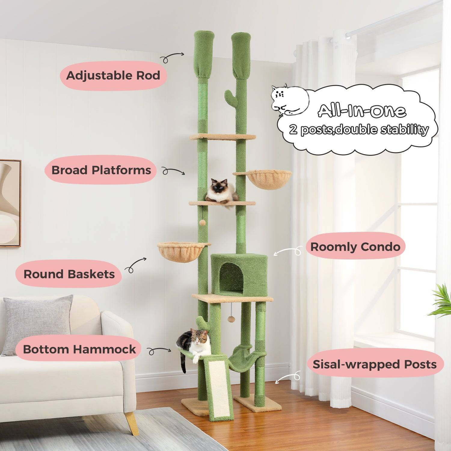 Arbre à Chat du Sol au Plafond avec 2 Poteaux Fleur Rose PAWZ Road - Image 8