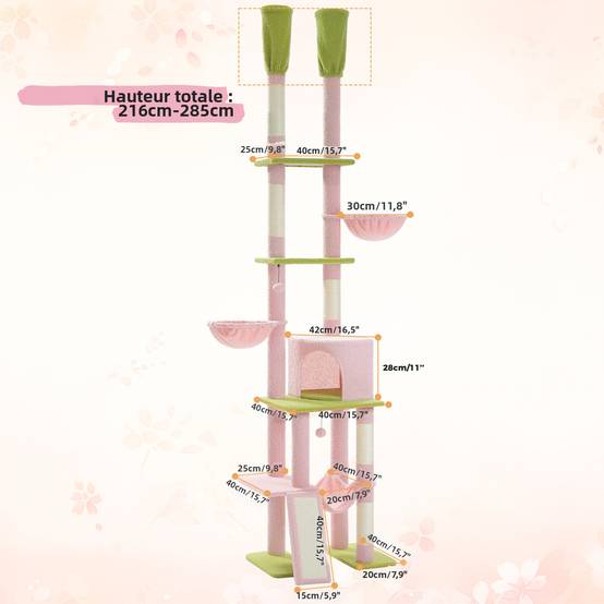 Arbre à Chat du Sol au Plafond avec 2 Poteaux Fleur Rose PAWZ Road - Image 2
