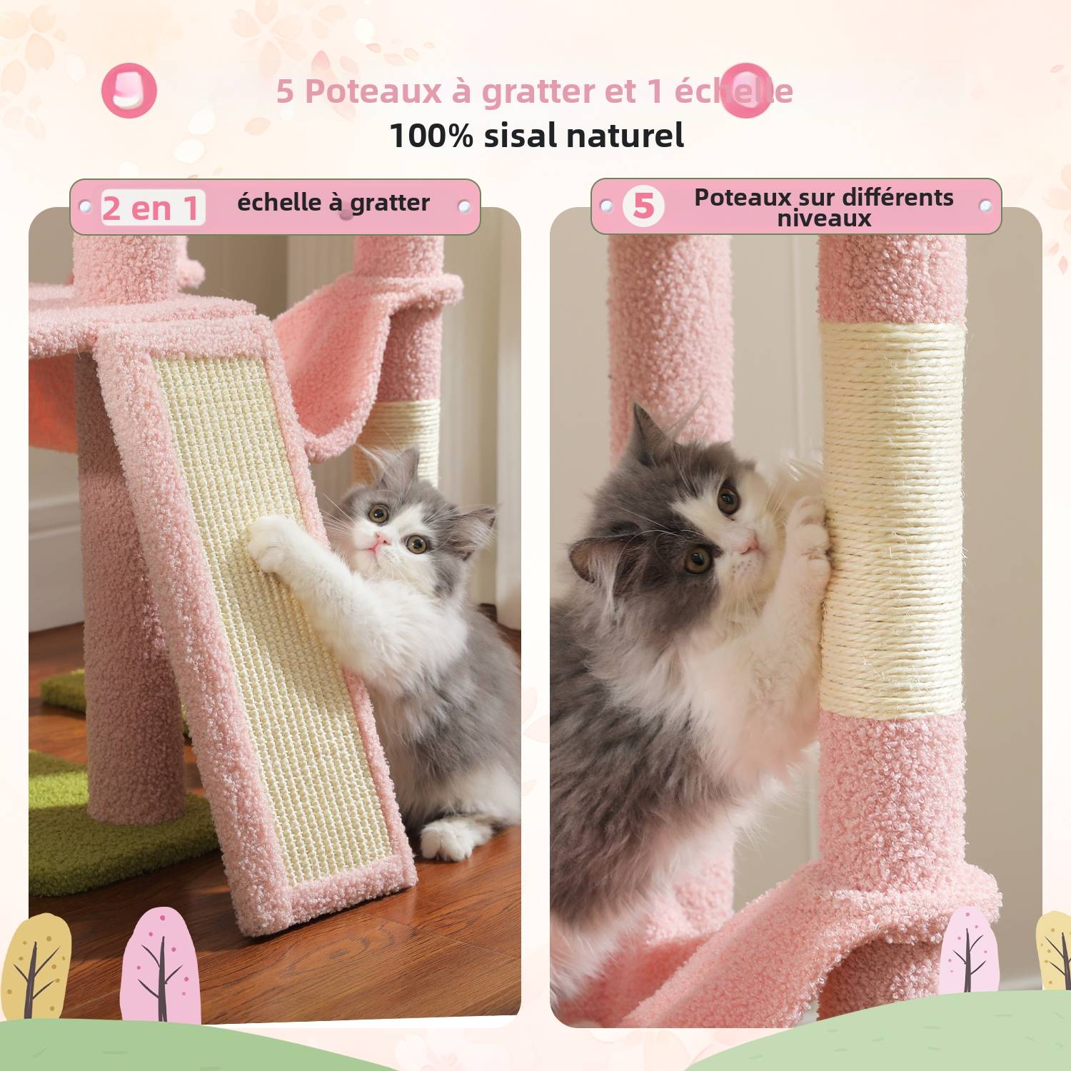 Arbre à Chat du Sol au Plafond avec 2 Poteaux Fleur Rose PAWZ Road - Image 3