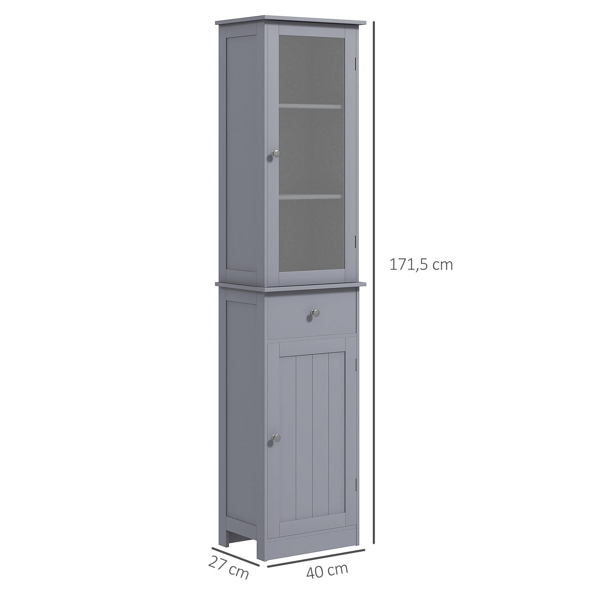 Armoire salle de bain porte acrylique avec 2 étagères et tiroir, meuble rangement vertical MDF gris moderne - Image 5
