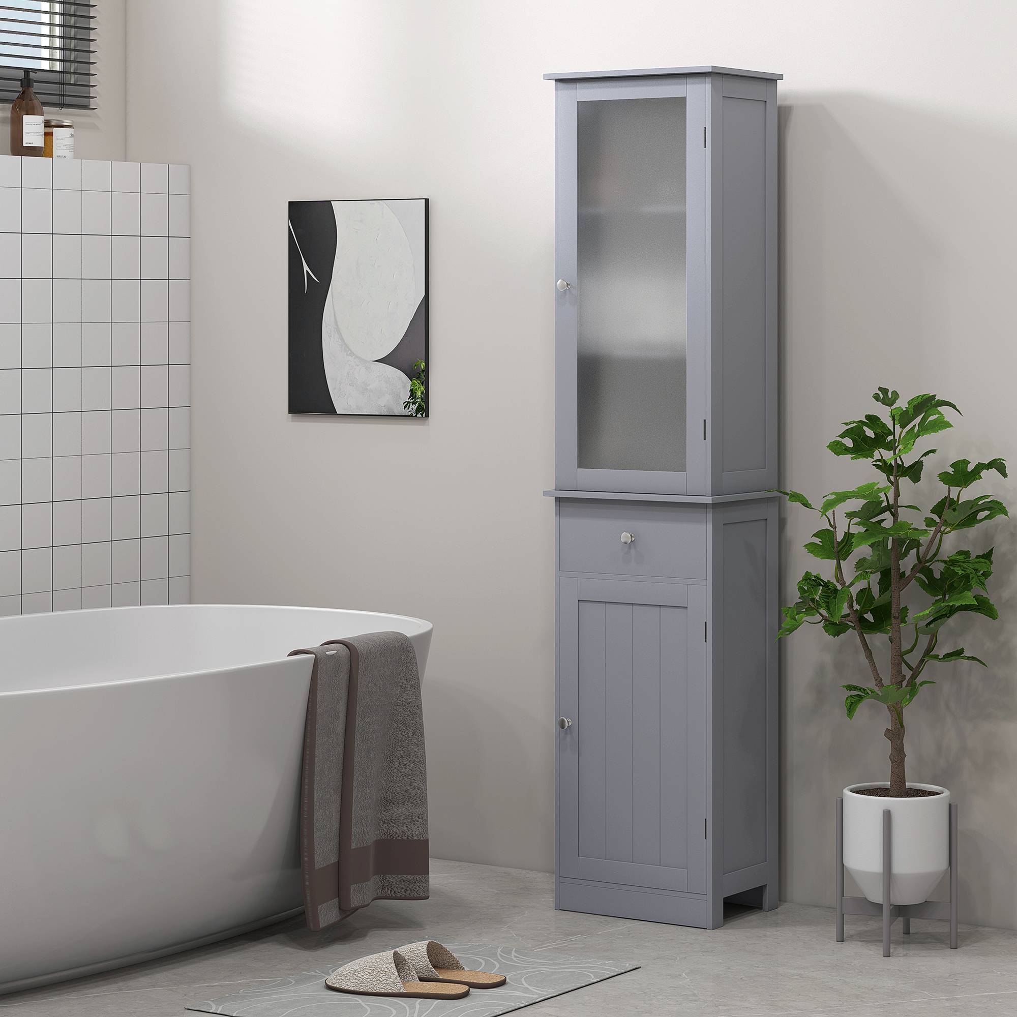 Armoire salle de bain porte acrylique avec 2 étagères et tiroir, meuble rangement vertical MDF gris moderne - Image 3
