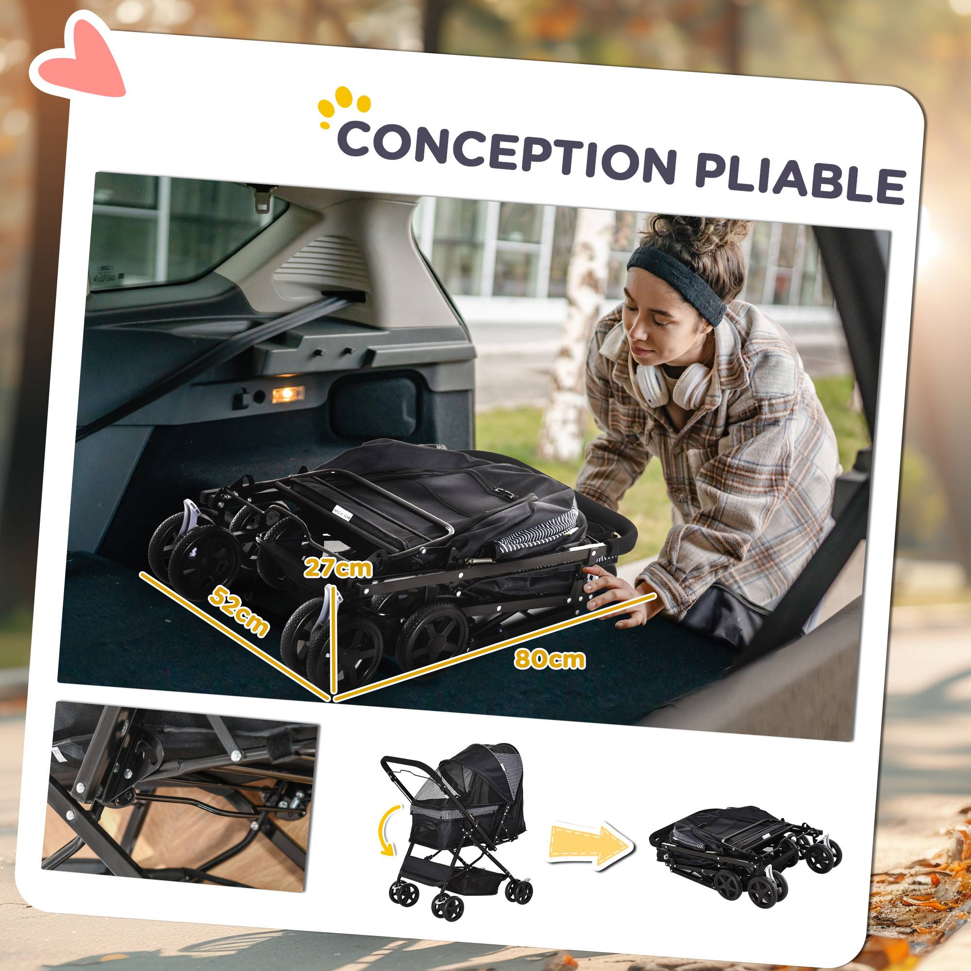 Poussette pour chien animaux de compagnie pliable 4 roues EVA guidon réglable panier 76,5 x 52 x 95 cm - Image 7