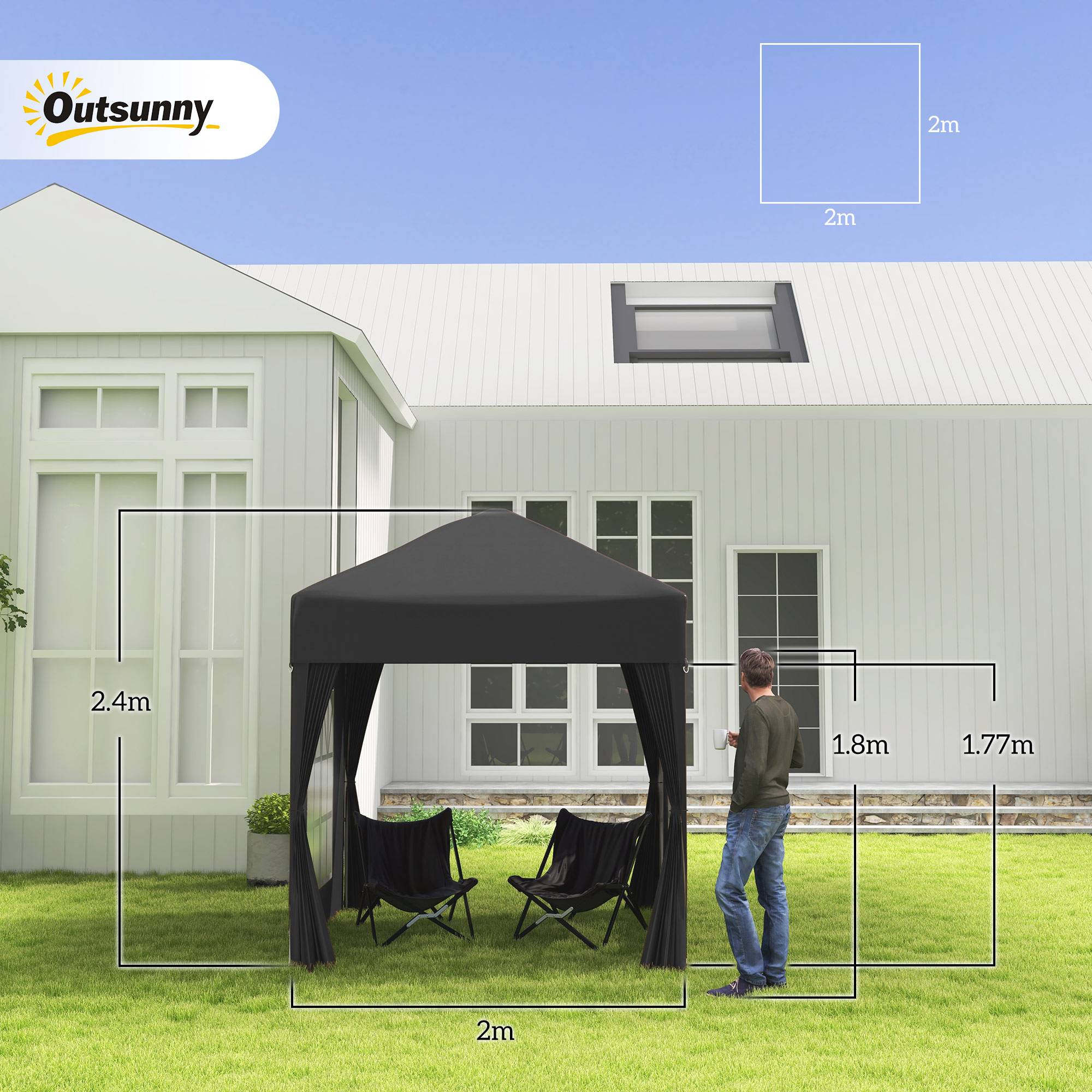 Gazebo 2x2m noir acier et Oxford anti-UV, 4 murs latéraux avec fenêtres et sac de transport - Image 3
