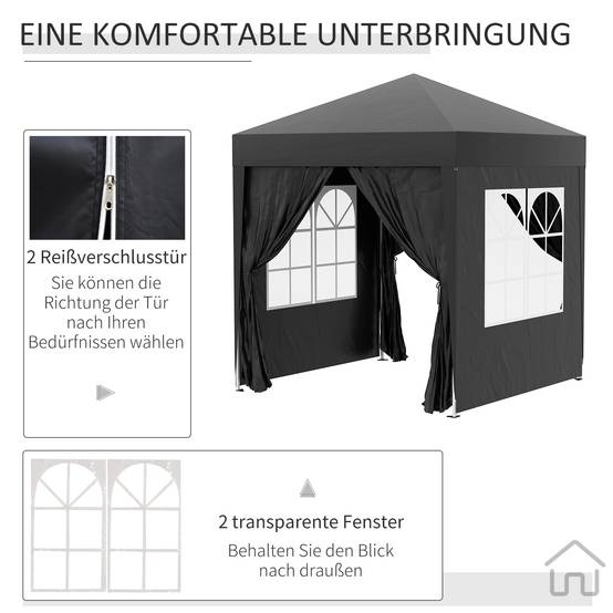 Gazebo 2x2m noir acier et Oxford anti-UV, 4 murs latéraux avec fenêtres et sac de transport - Image 6