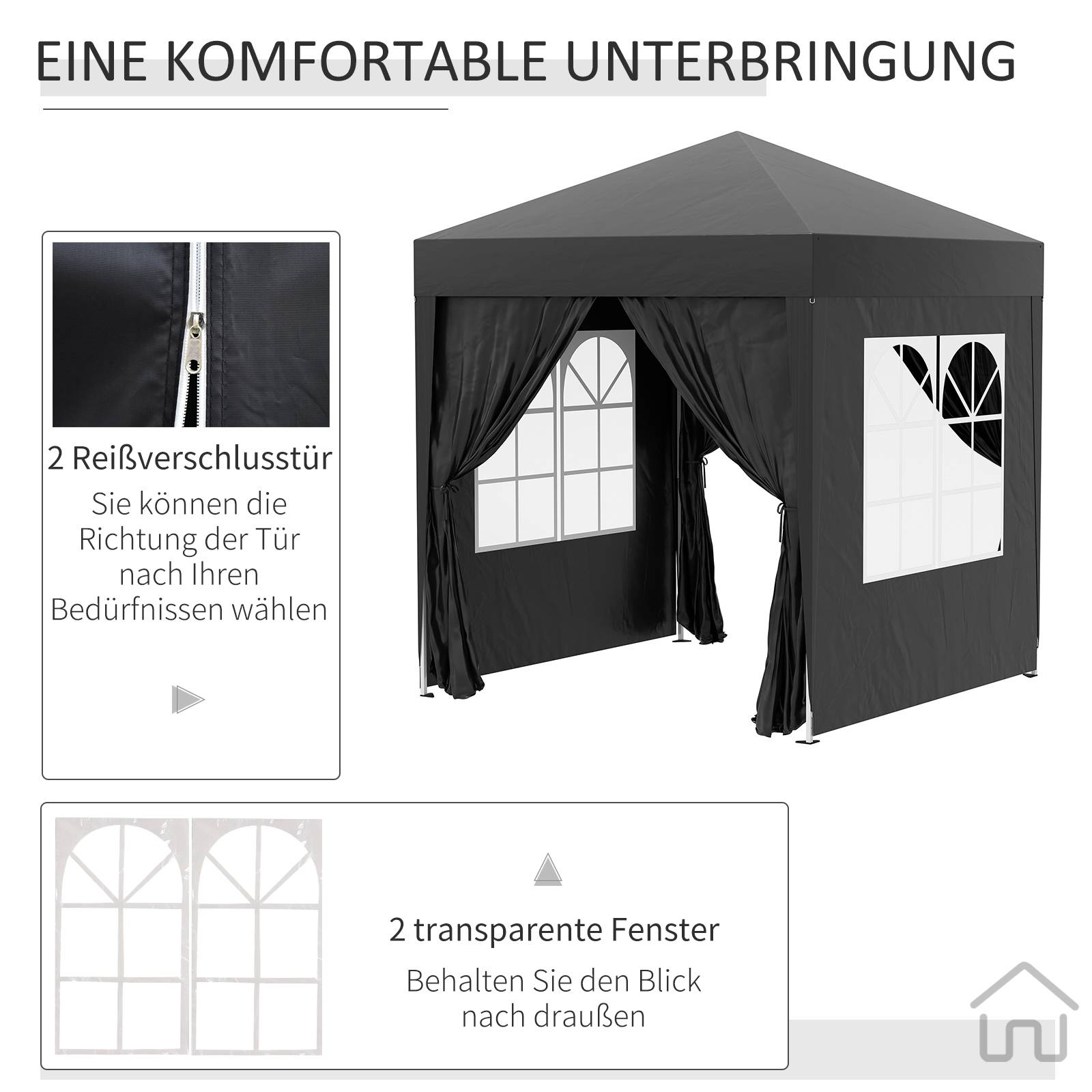 Gazebo 2x2m noir acier et Oxford anti-UV, 4 murs latéraux avec fenêtres et sac de transport - Image 6