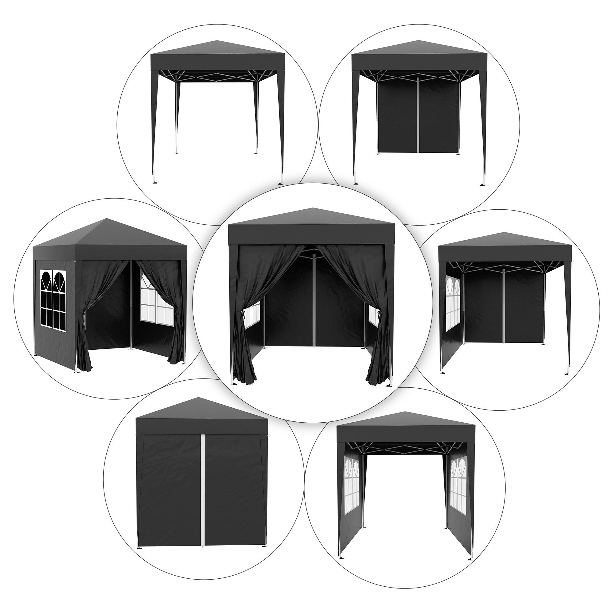 Gazebo 2x2m noir acier et Oxford anti-UV, 4 murs latéraux avec fenêtres et sac de transport - Image 4