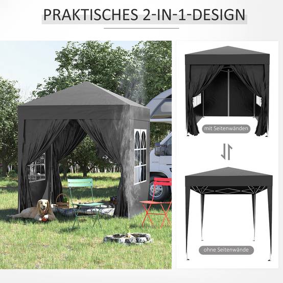 Gazebo 2x2m noir acier et Oxford anti-UV, 4 murs latéraux avec fenêtres et sac de transport - Image 5