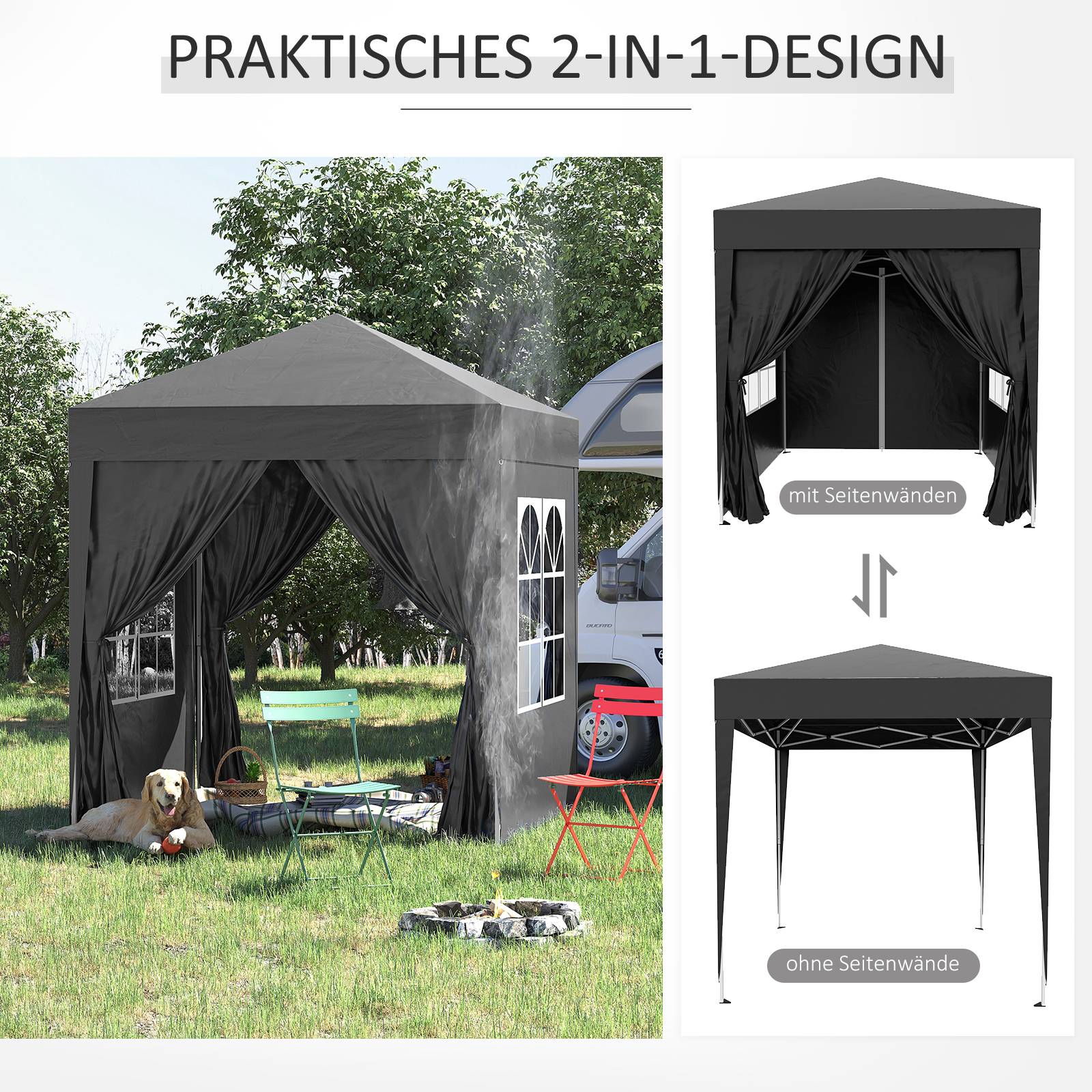 Gazebo 2x2m noir acier et Oxford anti-UV, 4 murs latéraux avec fenêtres et sac de transport - Image 5
