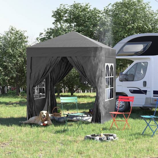 Gazebo 2x2m noir acier et Oxford anti-UV, 4 murs latéraux avec fenêtres et sac de transport - Image 2