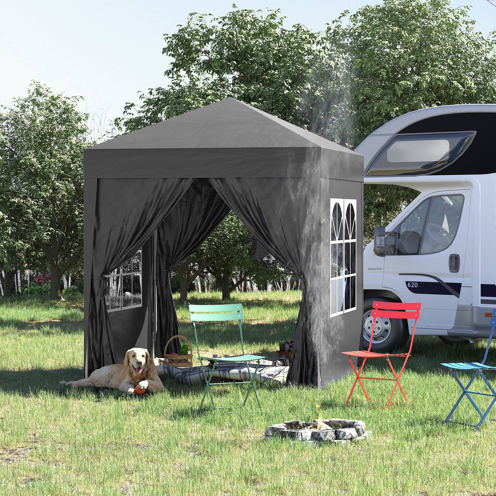 Gazebo 2x2m noir acier et Oxford anti-UV, 4 murs latéraux avec fenêtres et sac de transport - Image 2