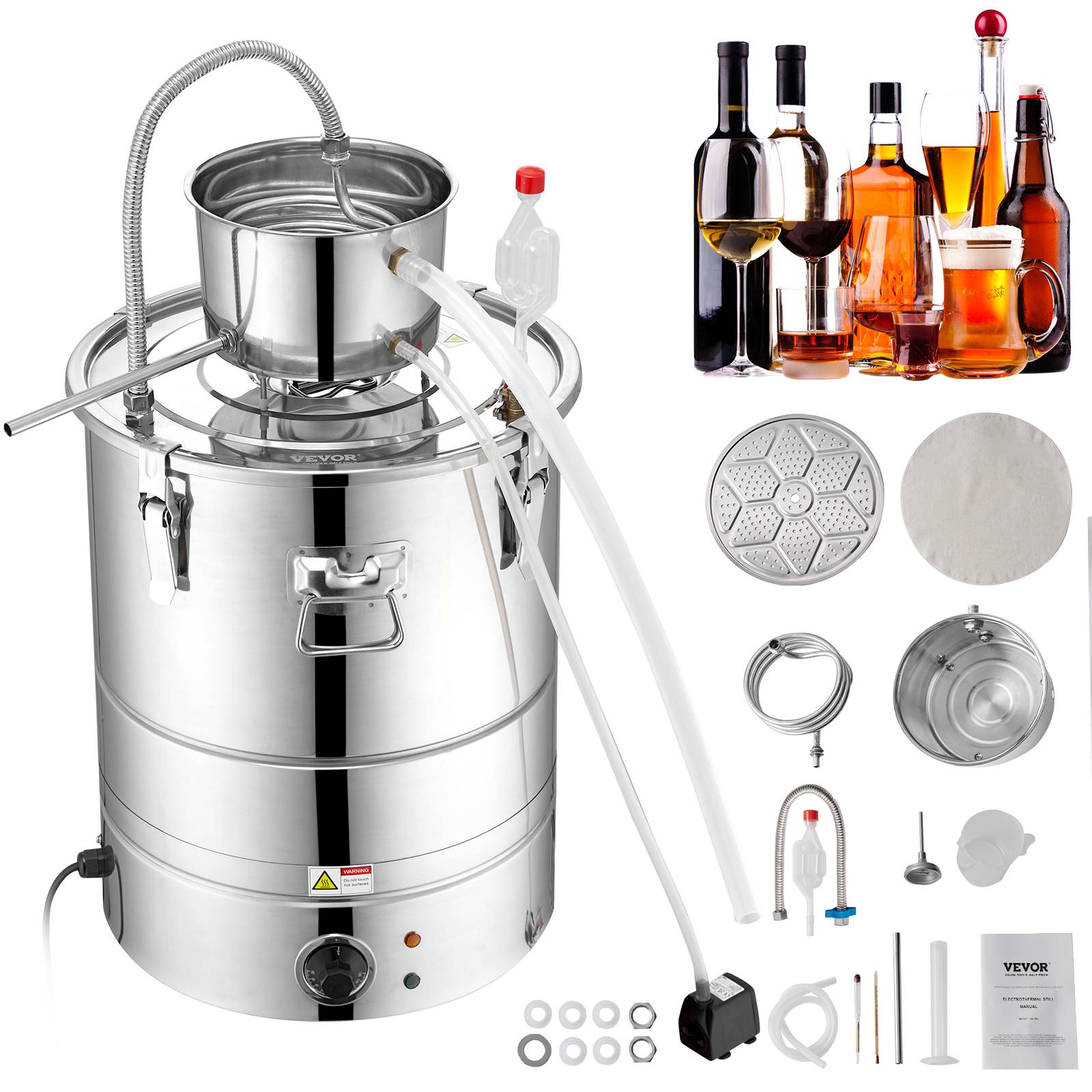 VEVOR Distillateur alambic intégré 30L inox, avec pompe, pour alcool, eau, whisky, huiles essentielles. - Image 1