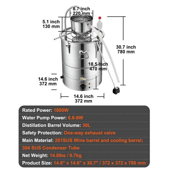 VEVOR Distillateur alambic intégré 30L inox, avec pompe, pour alcool, eau, whisky, huiles essentielles. - Image 7