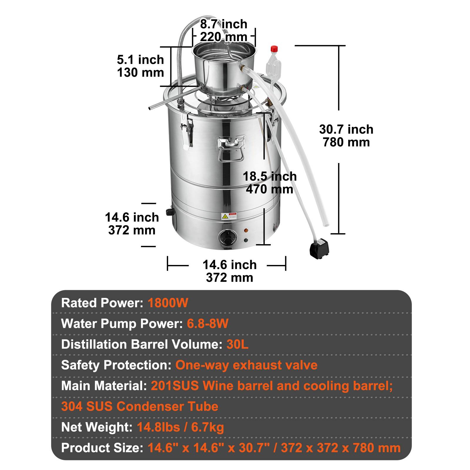 VEVOR Distillateur alambic intégré 30L inox, avec pompe, pour alcool, eau, whisky, huiles essentielles. - Image 7