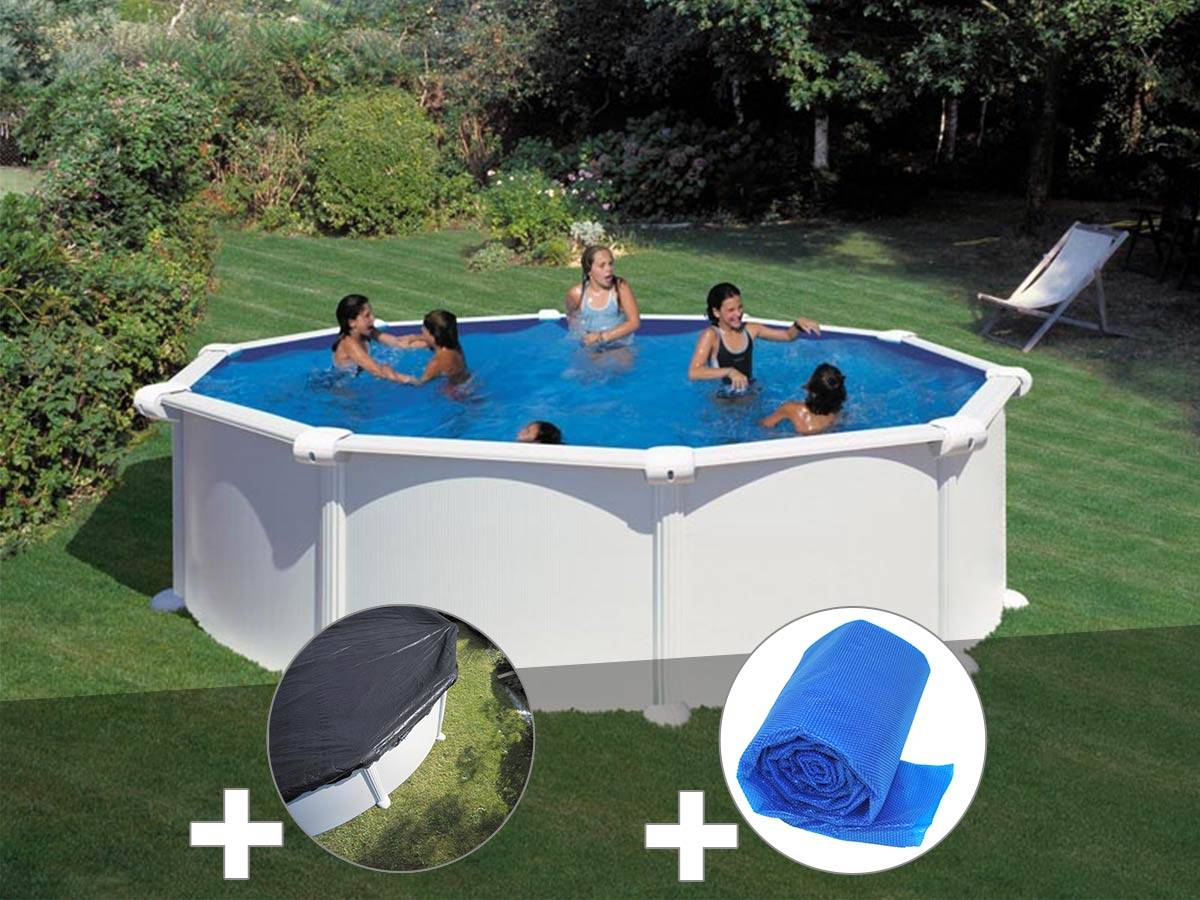 Gré - Kit piscine acier blanc Gré Atlantis ronde 4,80 x 1,32 m + Bâche hiver + Bâche à bulles - Image 1