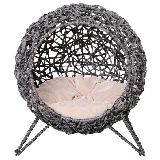 Panier chat lit surélevé chat cosy niche grotte grand confort dim. Ø 52 x 58H cm coussin moelleux inclus résine tressée imitation rotin gris - Image 2