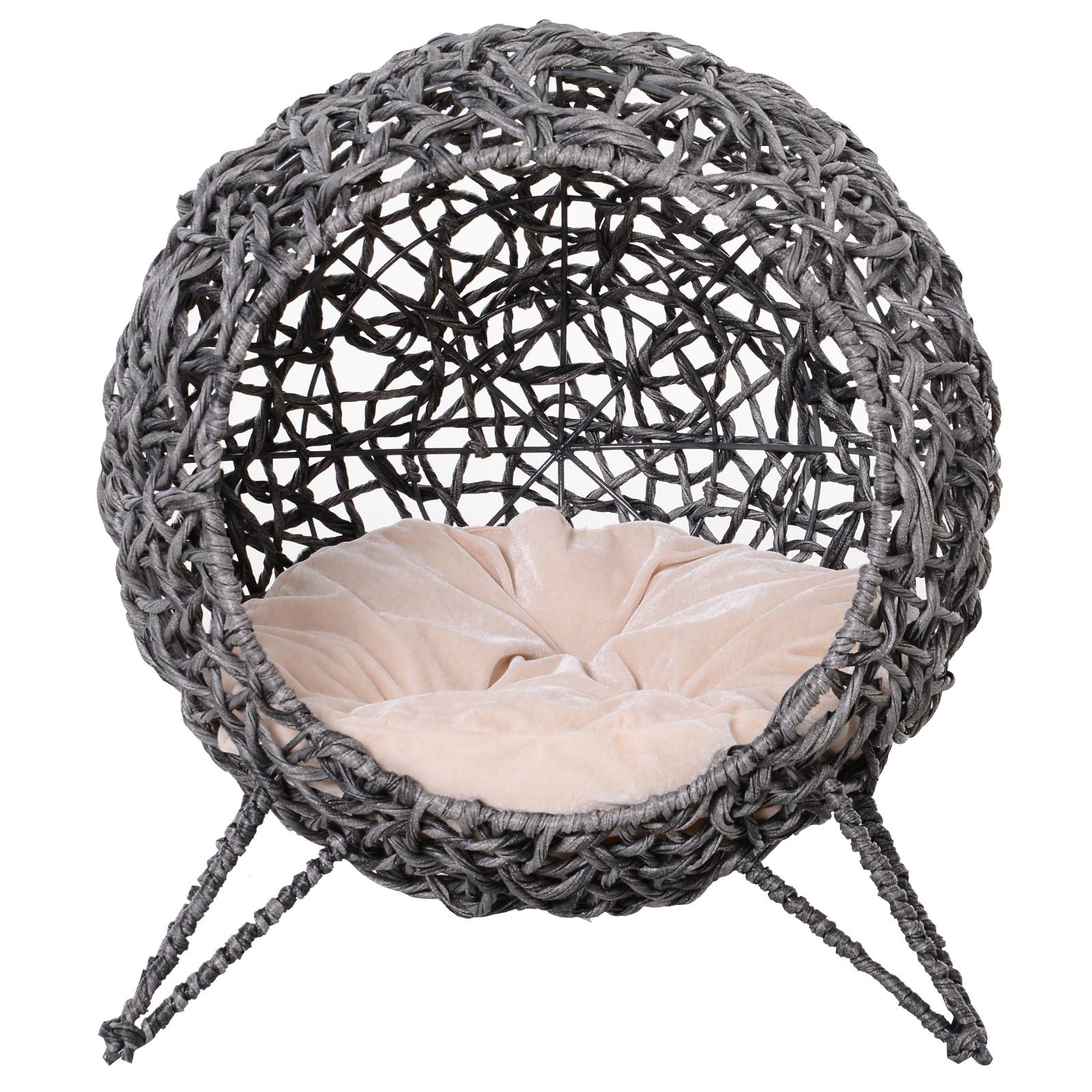 Panier chat lit surélevé chat cosy niche grotte grand confort dim. Ø 52 x 58H cm coussin moelleux inclus résine tressée imitation rotin gris - Image 2