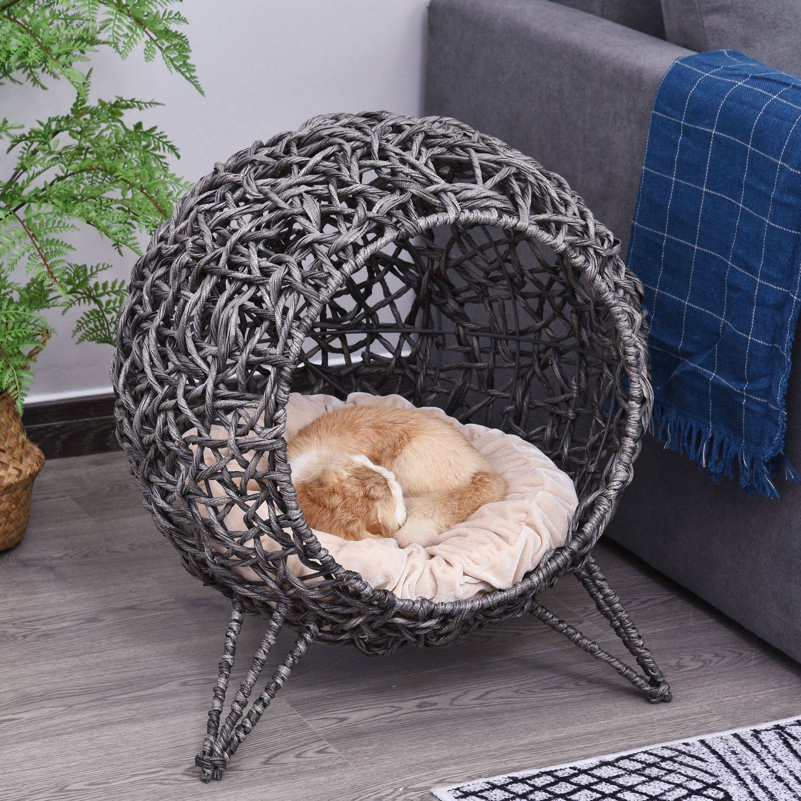 Panier chat lit surélevé chat cosy niche grotte grand confort dim. Ø 52 x 58H cm coussin moelleux inclus résine tressée imitation rotin gris - Image 3