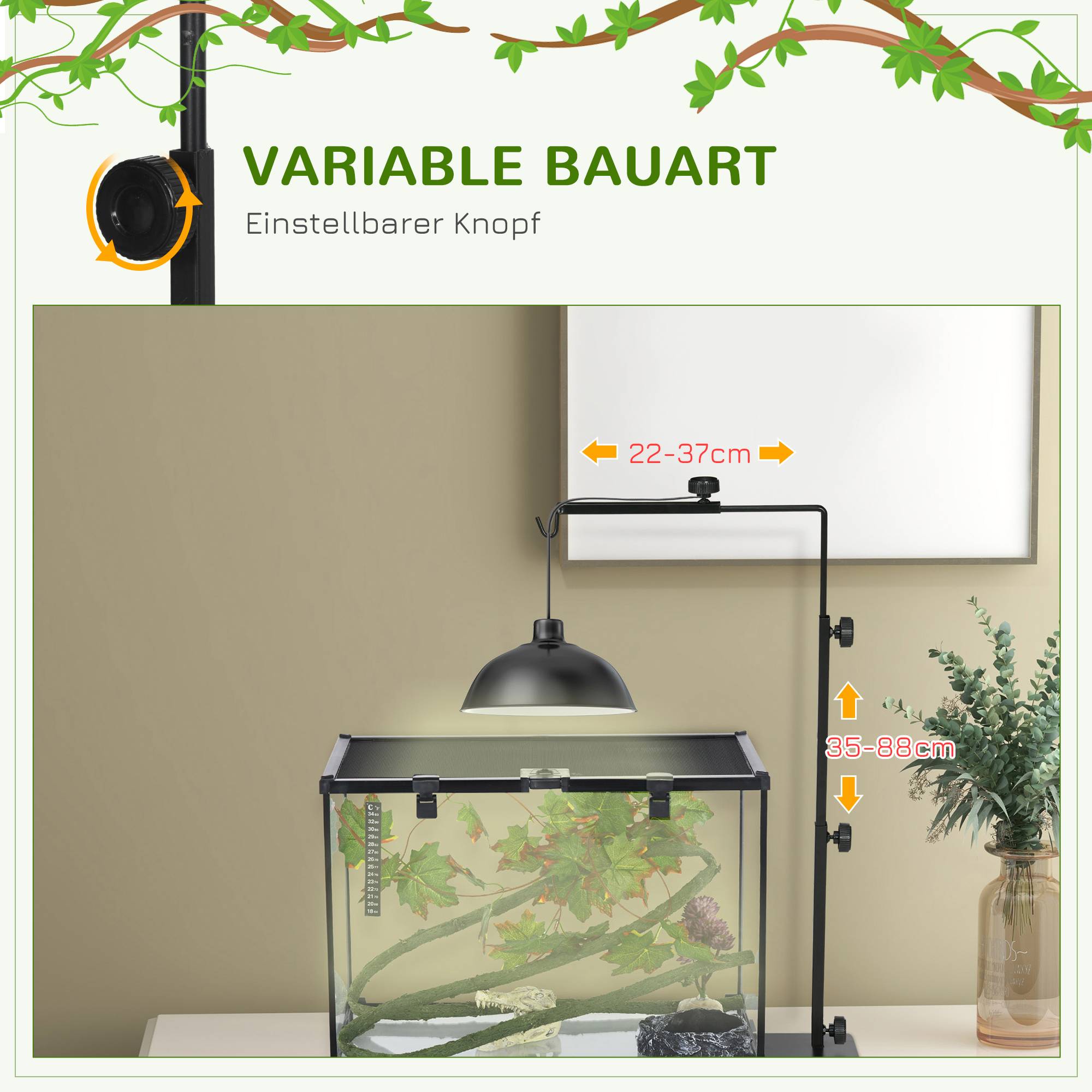ComfortXL - Support lampe chauffante acier noir 40 x 15 x 95 cm pour terrarium réglable avec base stable et passe-câbles - Image 5