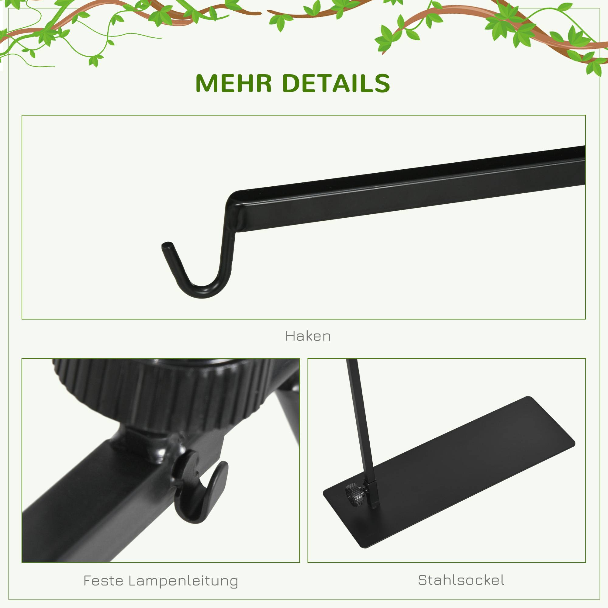 ComfortXL - Support lampe chauffante acier noir 40 x 15 x 95 cm pour terrarium réglable avec base stable et passe-câbles - Image 6