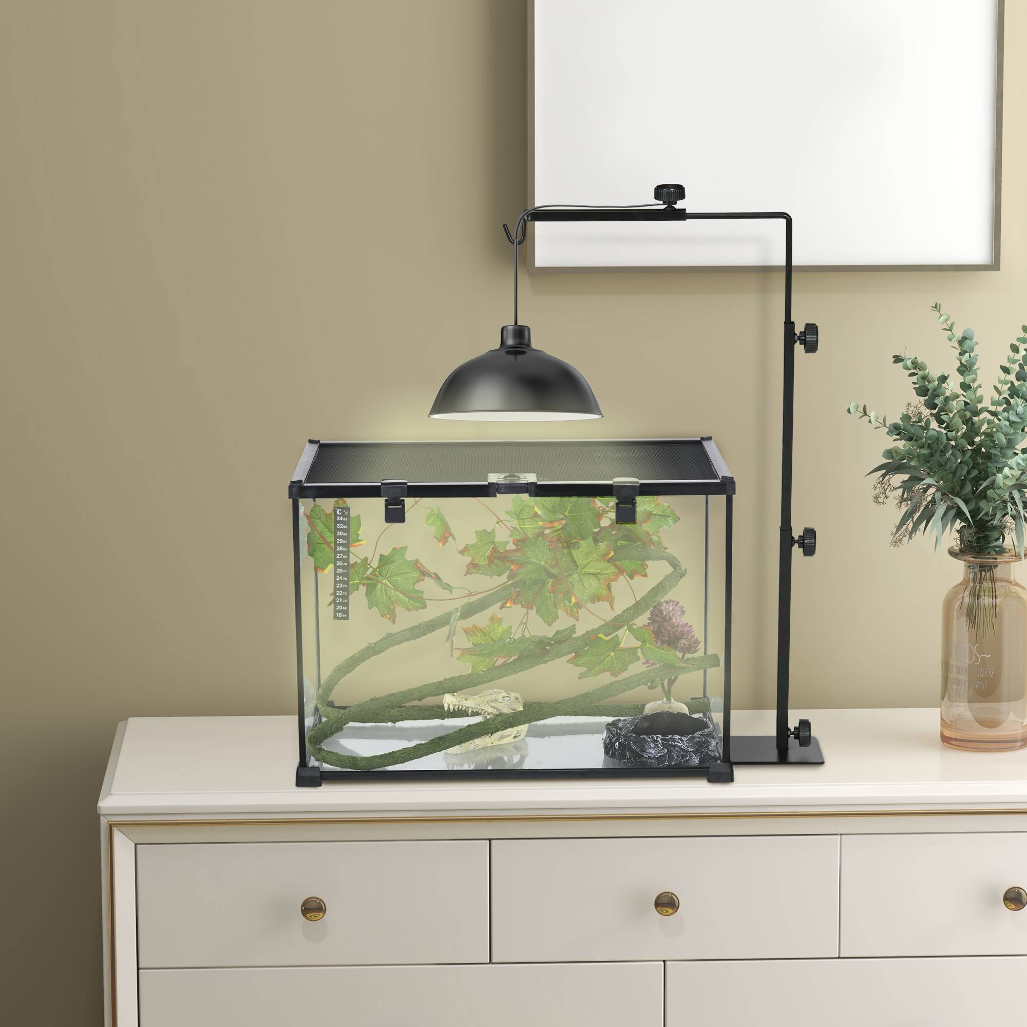 ComfortXL - Support lampe chauffante acier noir 40 x 15 x 95 cm pour terrarium réglable avec base stable et passe-câbles