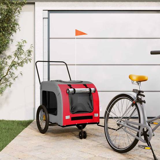 Remorque de vélo pour animaux fer et tissu rouge et gris 68 x 134 x 73 cm - PANGIVO - Image 1