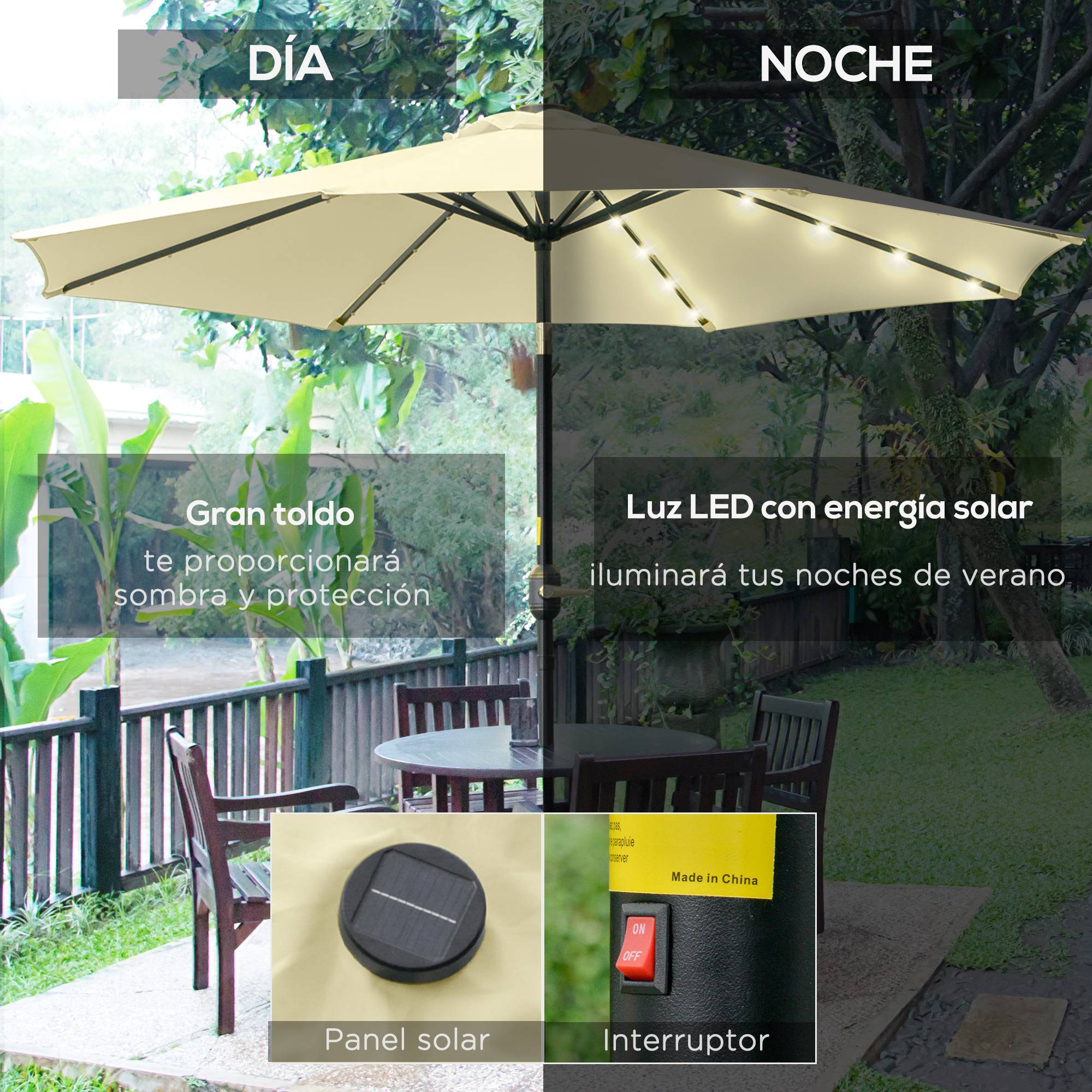 Parasol de terrasse extérieur Ø265 cm avec 32 lumières LED solaires, mât en acier et manivelle, inclinable, beige - Image 6
