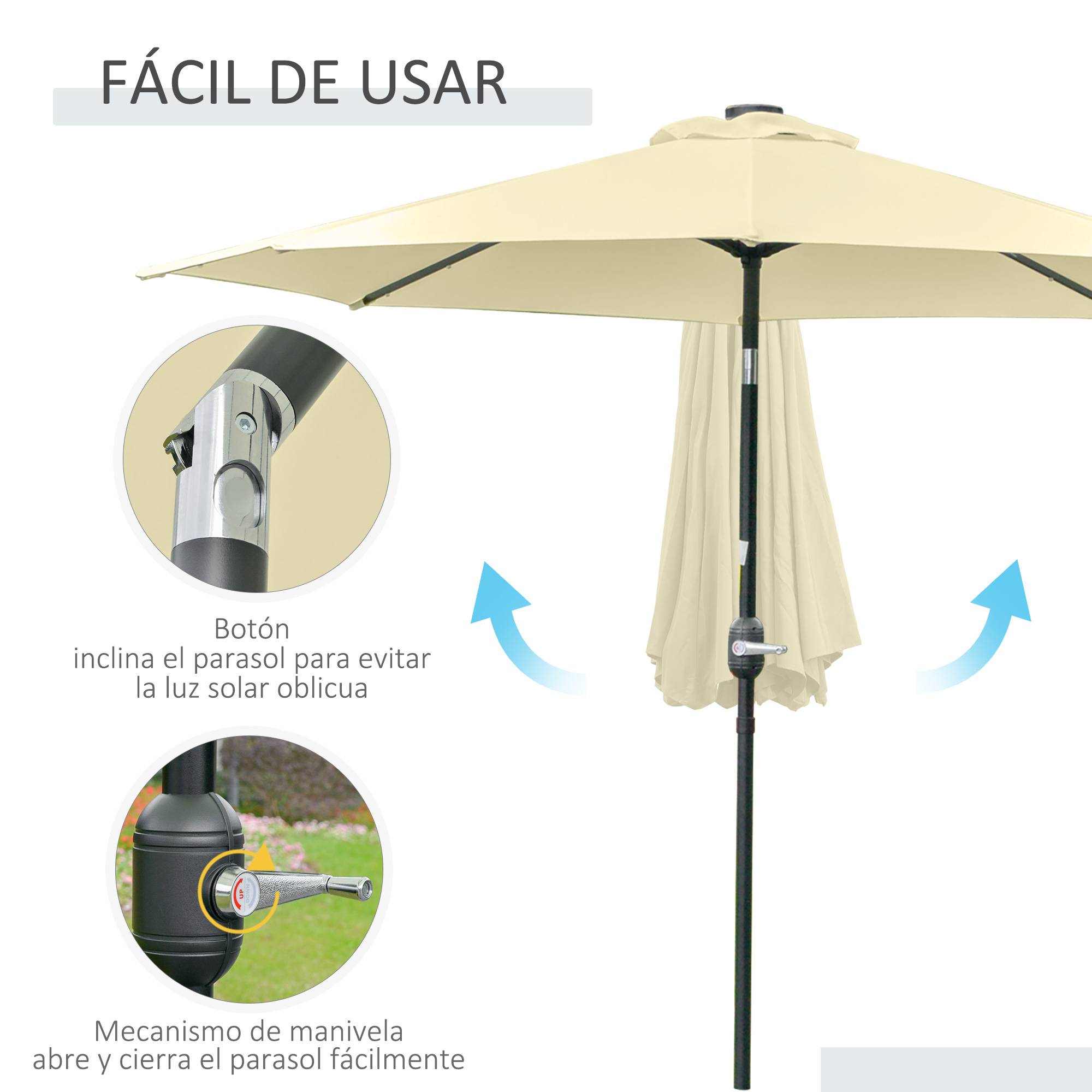 Parasol de terrasse extérieur Ø265 cm avec 32 lumières LED solaires, mât en acier et manivelle, inclinable, beige - Image 9