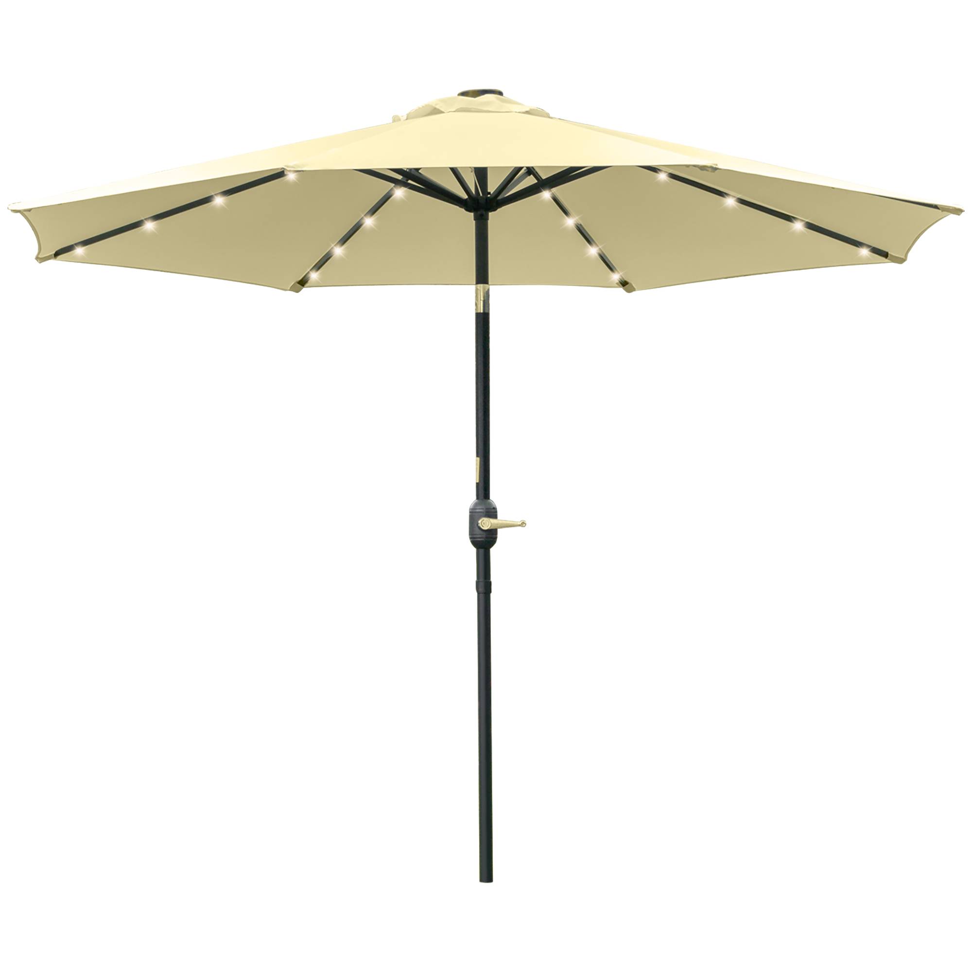 Parasol de terrasse extérieur Ø265 cm avec 32 lumières LED solaires, mât en acier et manivelle, inclinable, beige - Image 2
