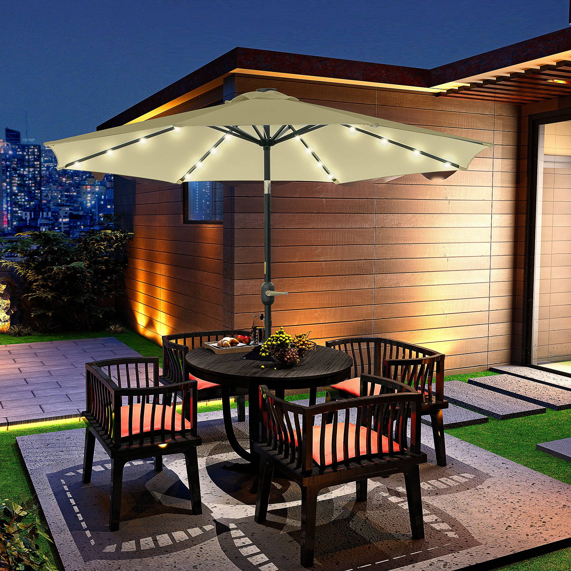 Parasol de terrasse extérieur Ø265 cm avec 32 lumières LED solaires, mât en acier et manivelle, inclinable, beige - Image 10