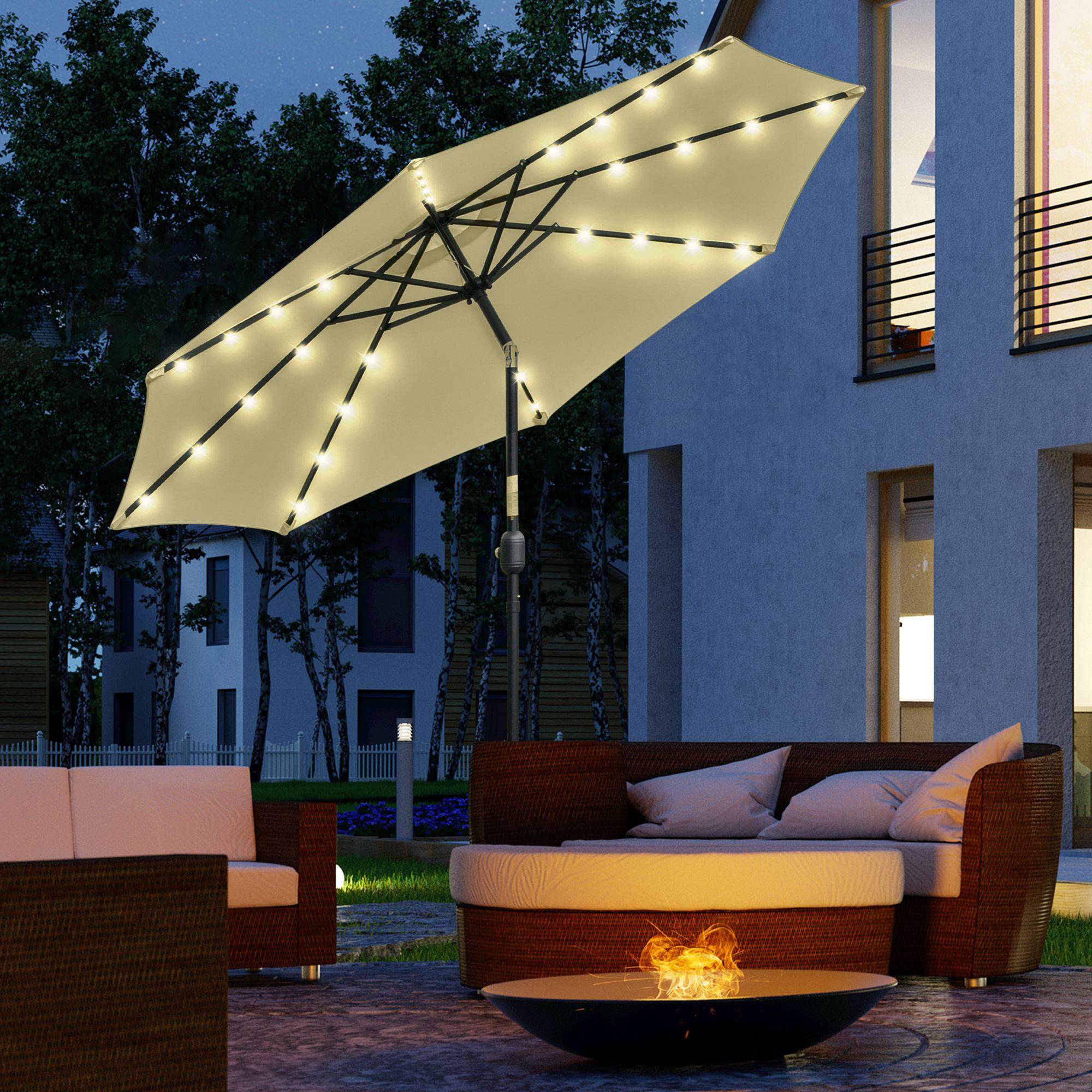 Parasol de terrasse extérieur Ø265 cm avec 32 lumières LED solaires, mât en acier et manivelle, inclinable, beige - Image 3