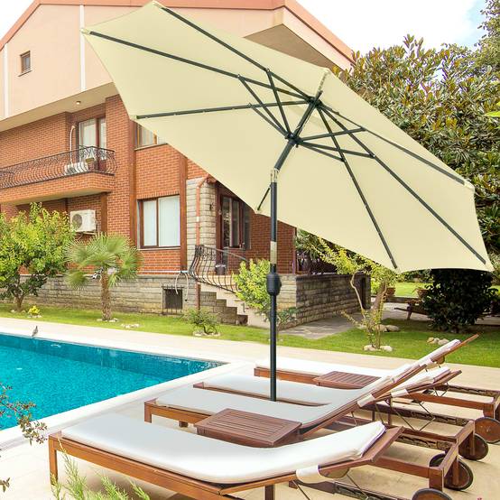 Parasol de terrasse extérieur Ø265 cm avec 32 lumières LED solaires, mât en acier et manivelle, inclinable, beige - Image 4