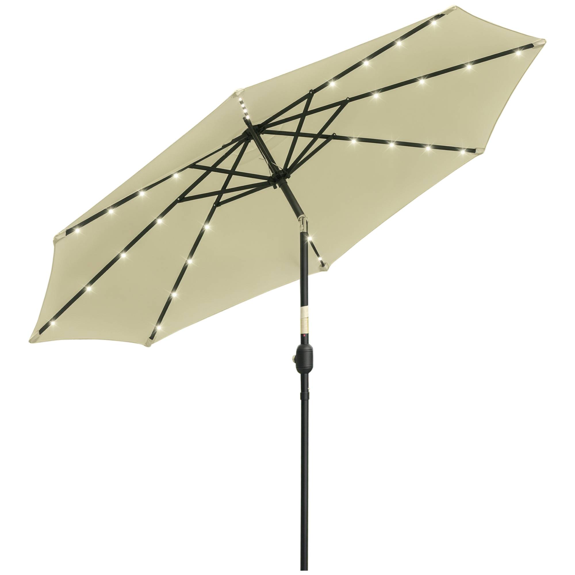 Parasol de terrasse extérieur Ø265 cm avec 32 lumières LED solaires, mât en acier et manivelle, inclinable, beige - Image 1