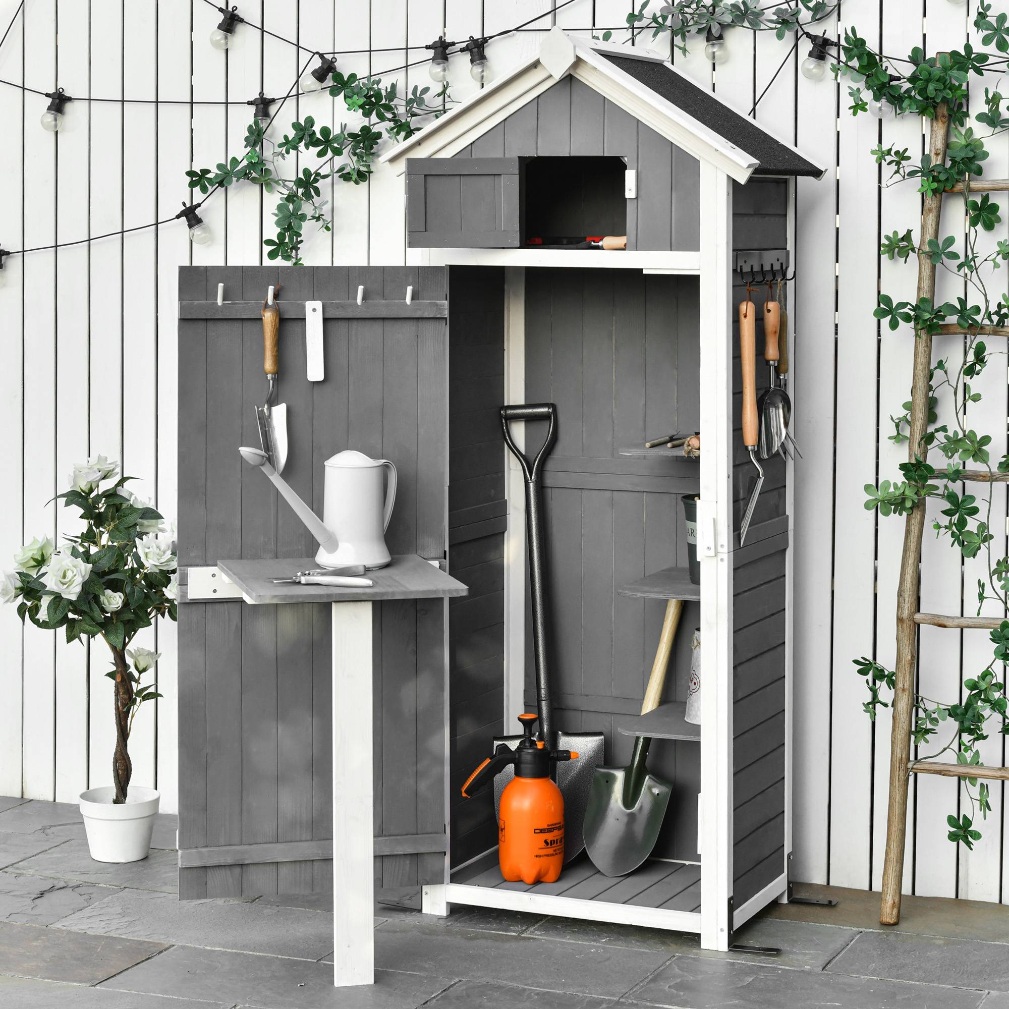 ComfortXL - Armoire de jardin en sapin 78 x 52,5 x 182 cm gris anthracite avec table pliante crochets et toit bitumé - Image 1