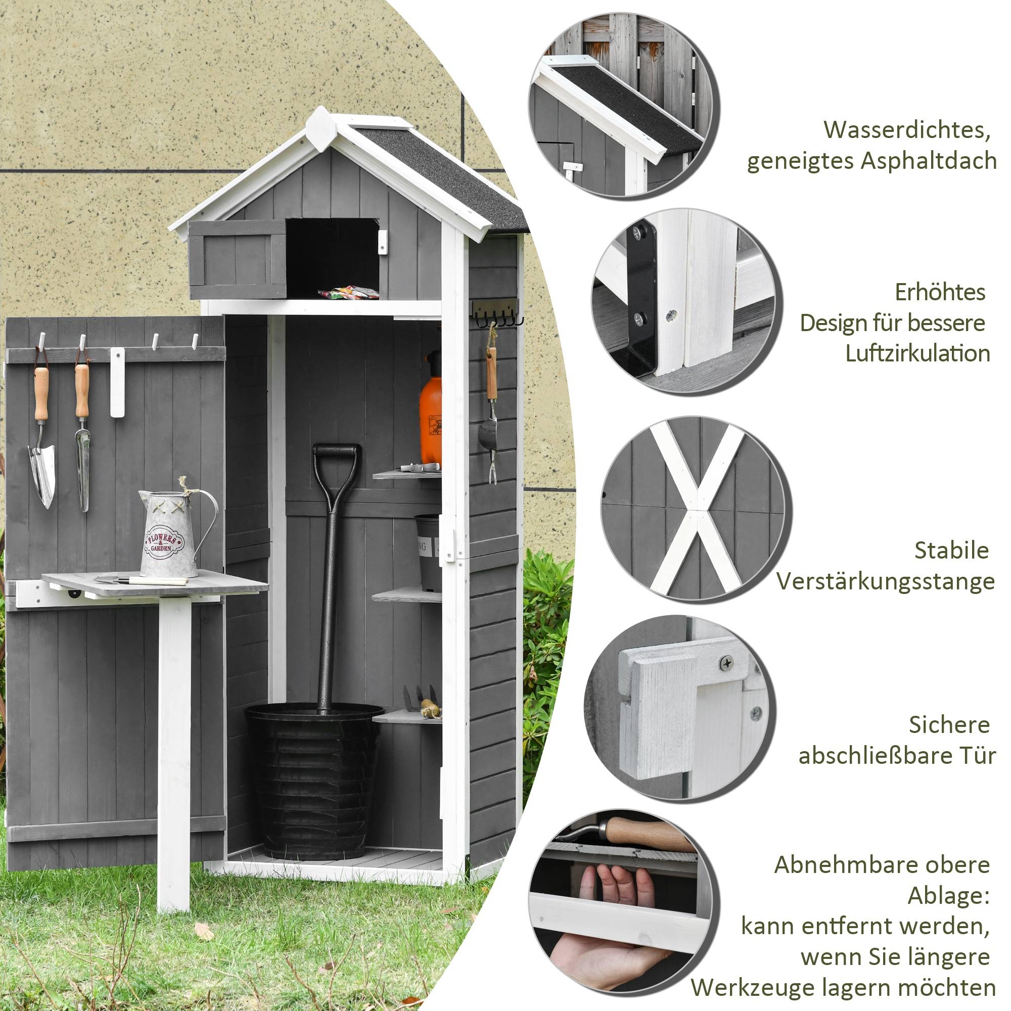 ComfortXL - Armoire de jardin en sapin 78 x 52,5 x 182 cm gris anthracite avec table pliante crochets et toit bitumé - Image 4
