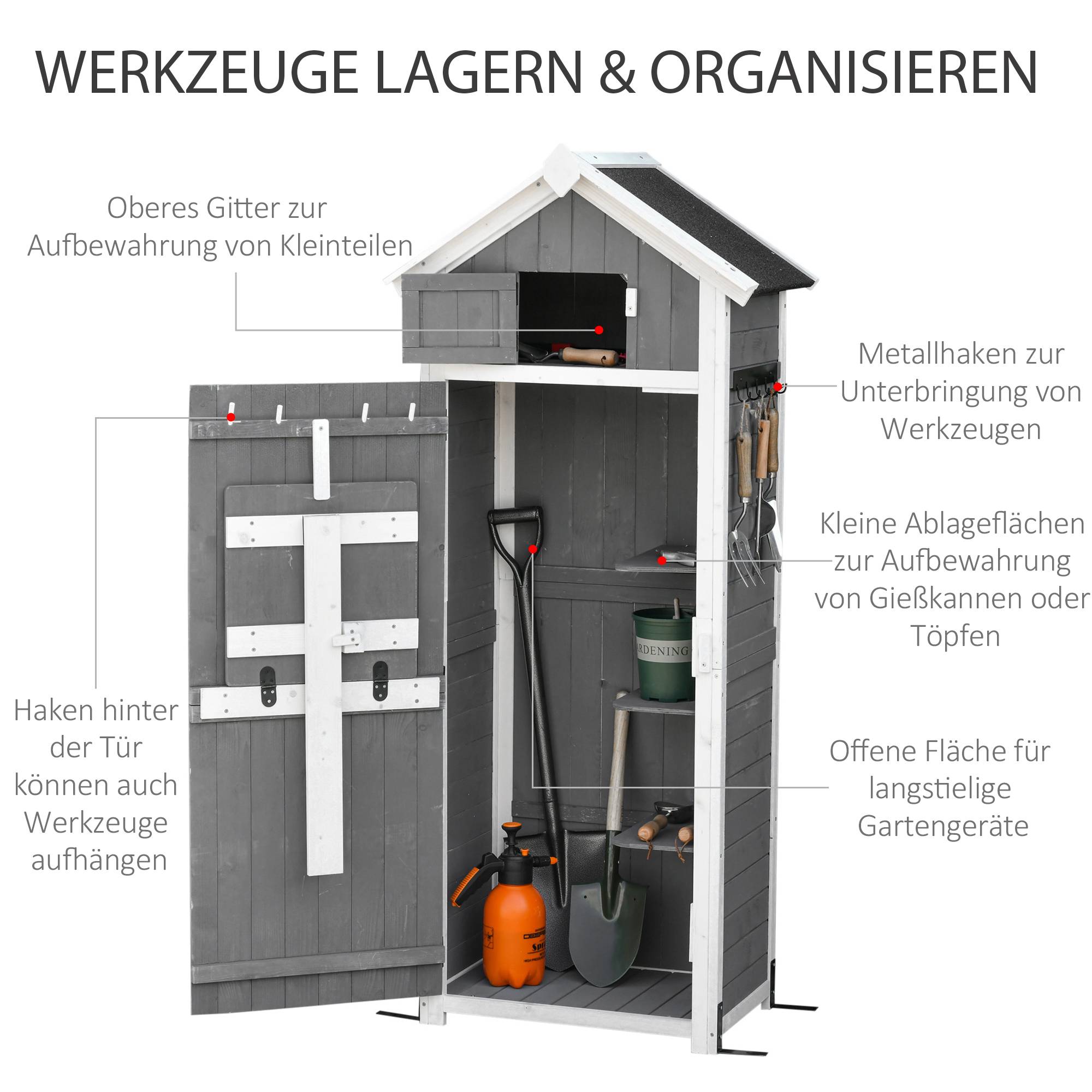 ComfortXL - Armoire de jardin en sapin 78 x 52,5 x 182 cm gris anthracite avec table pliante crochets et toit bitumé - Image 7