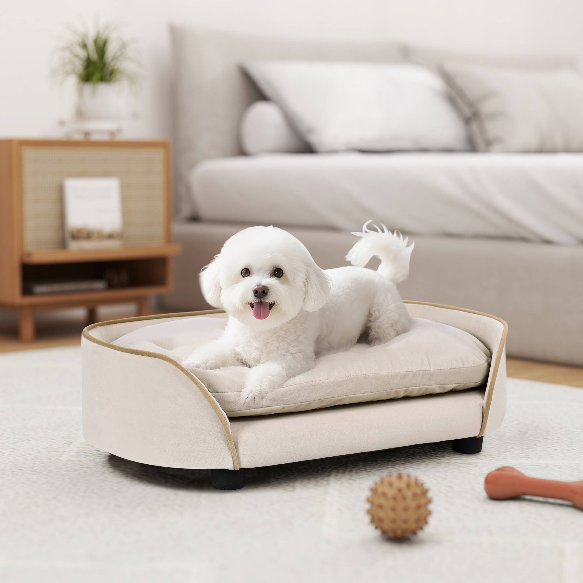 Canapé pour chien canapé pour animal de compagnie avec coussin amovible et housse lavable 66 x 43 x 19,5 cm beige - Image 4